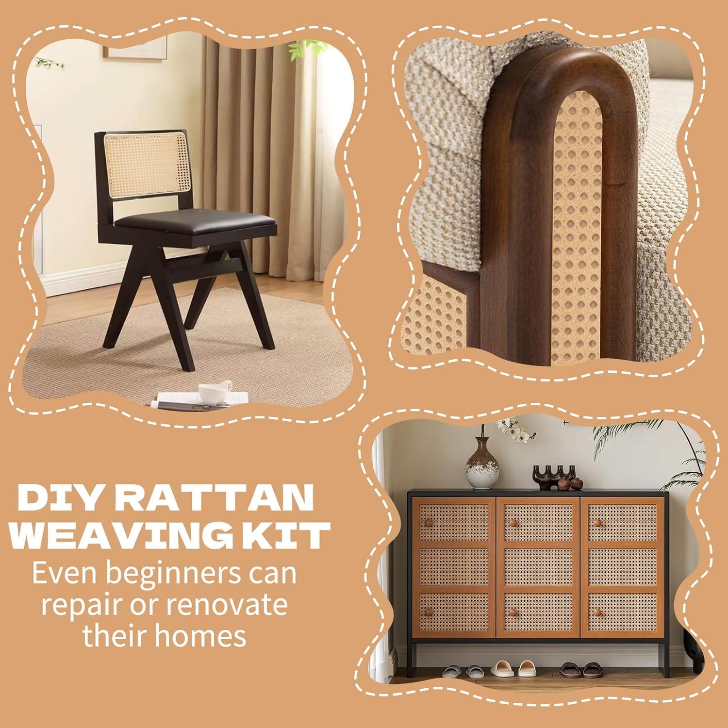 14” x 6.56ft Cane Webbing Rattan Webbing Roll and 1/5” x 16.4ft Groove Chair Caning, Rattan Repair Material Kit for Chair, Cabinet, Basket, Home Caning Furniture Repair Supplies