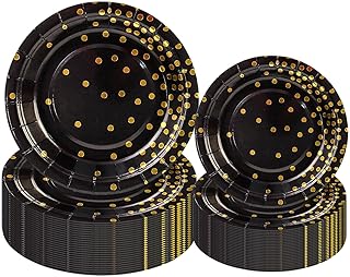 40PCS Black and Gold Paper Plates, Disposable Party Plates Dessert Cake Plates for Wedding Birthday Retirement Graduation New Year Party Decorations