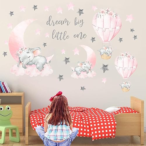 Miniatura 3 de Calcomanías de pared de elefante, luna rosa, estrella, globo de aire caliente, calcomanías de animales para niños, guardería, dormitorio, decoración