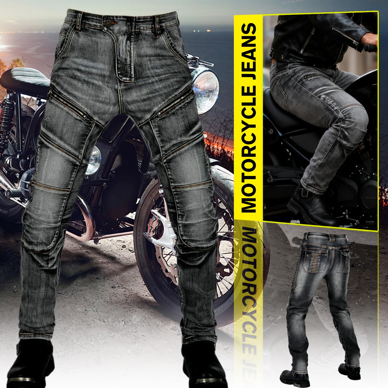 Pantaloni protettivi da Moto, Pantaloni Moto Uomo con Protezioni, Jeans da Moto da Uomo Realizzati in aramide Resistente all'Usura con 2 Paia di Protezioni Rimovibili