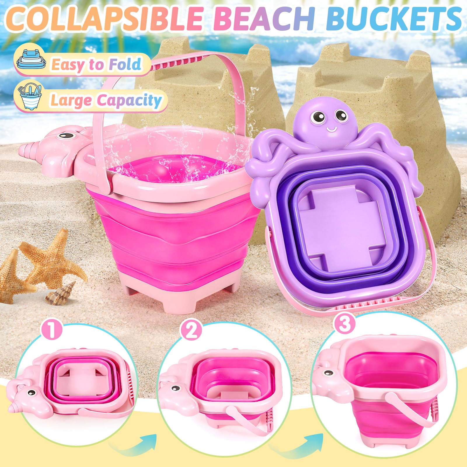 CatchCute Unicorn Collapsible Beach Toys,Sand Toys Set with Animal Foldable Buckets,Shovels,Sifter,Sand Molds,Castle Building Kit & Mesh Storage Bag,Beach Travel Essentials for Kids Toddlers - 4