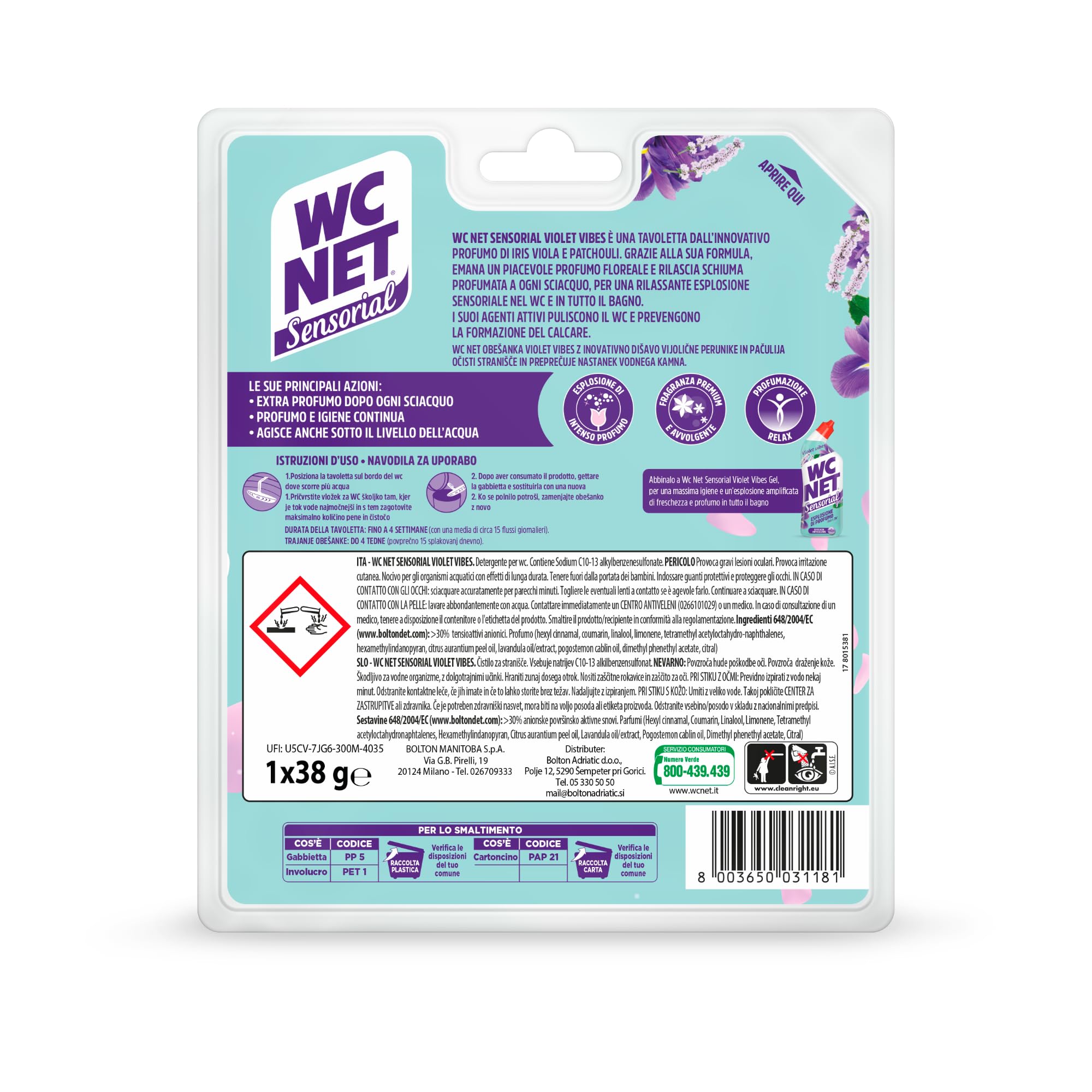 Wc Net - Tavoletta Sensorial Violet Vibes, Detergente Igienizzante Solido per WC, Esplosione di Profumo Iris e Patchouli, Azione Anticalcare e Pulito