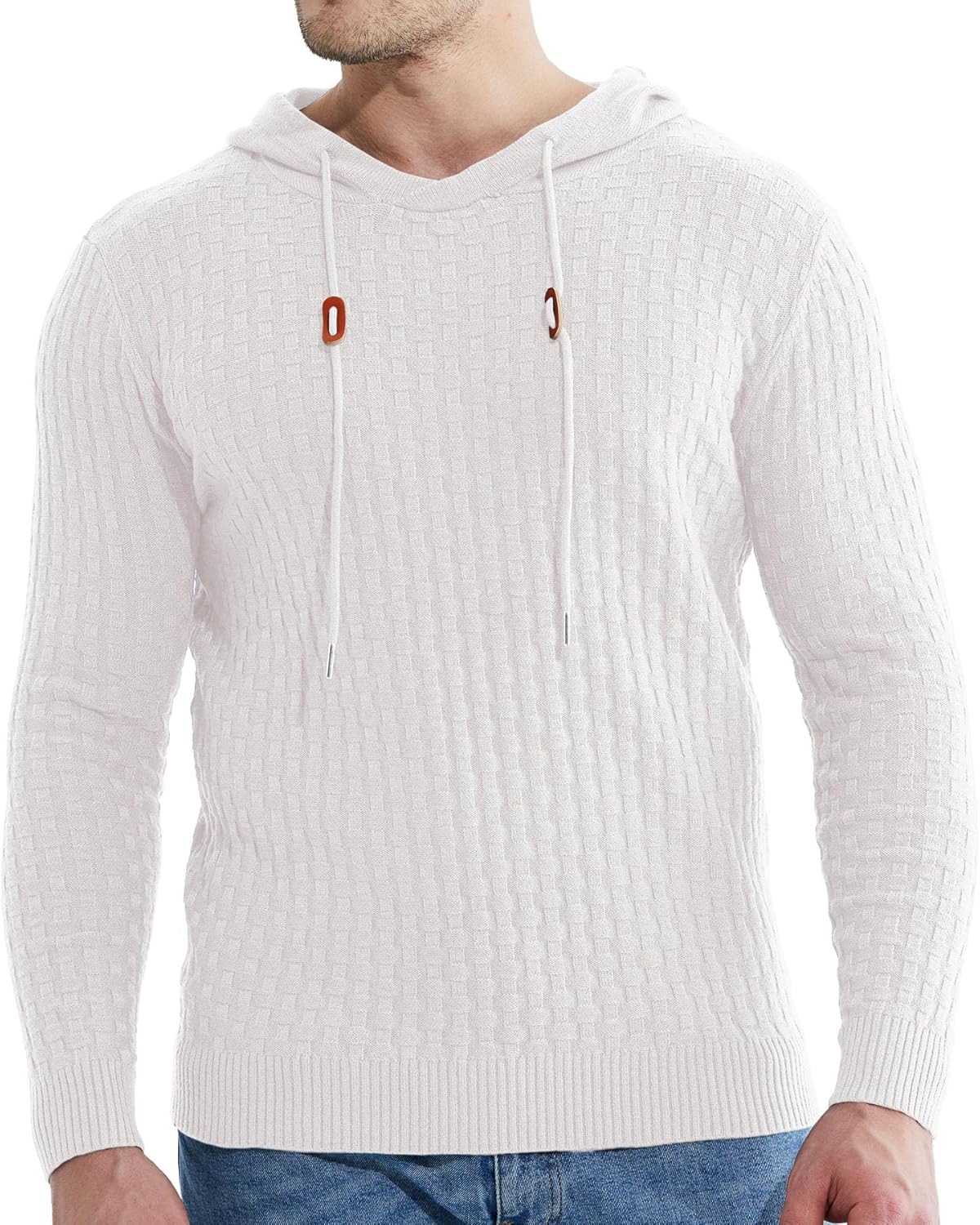 Askdeer Men's Pullover Sweater Long Sleeve Waffle Knitted Sweater Casual Soft Hoodie Pullover Sweaterwith Ribbing Edge White - Image 6