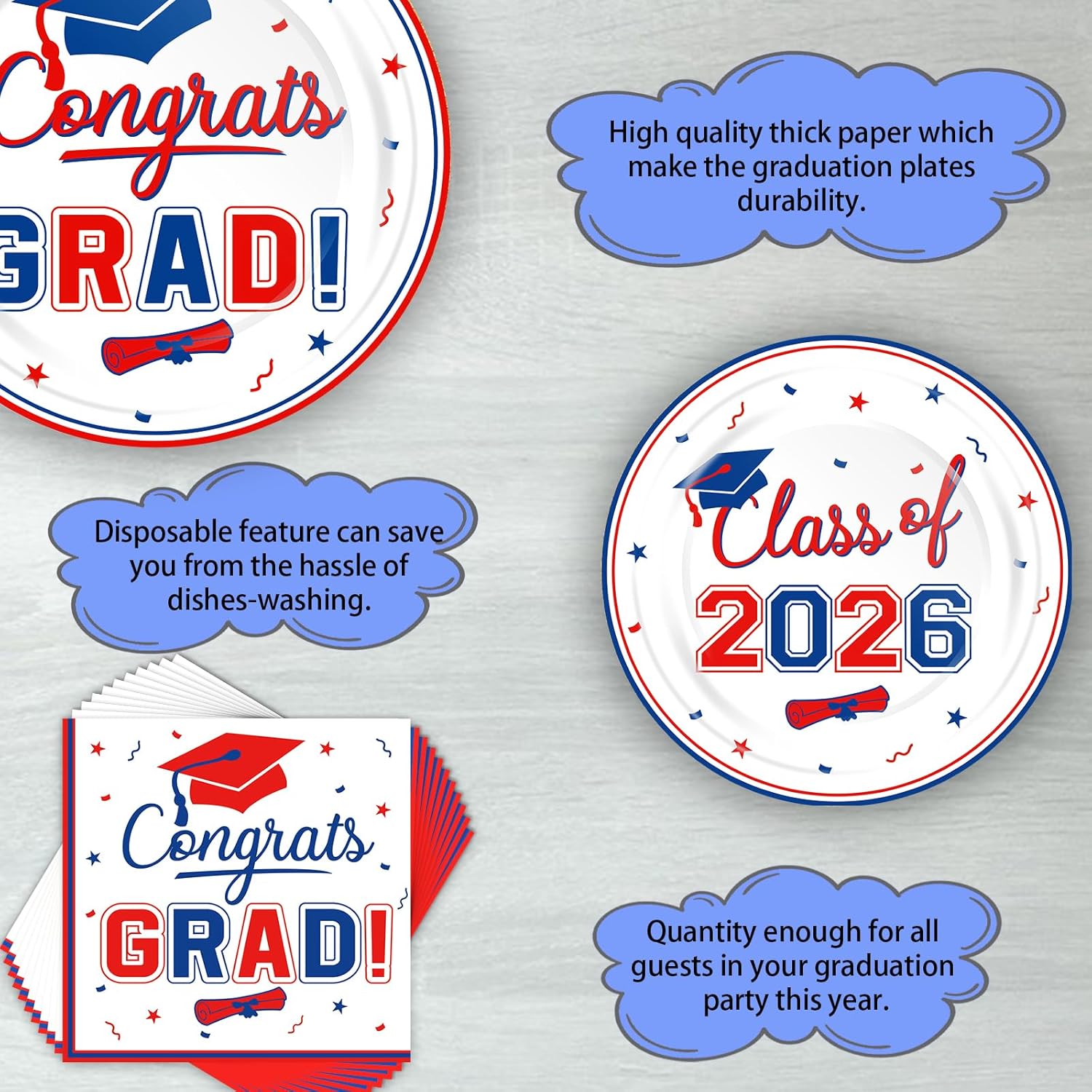 200 Pcs Graduation Table Decorations Party Supplies - Red Blue Graduation Plates and Napkins Class of 2026 Disposable Dinnerware Set for College High School Congrats Grad Party Favors, Serve 50