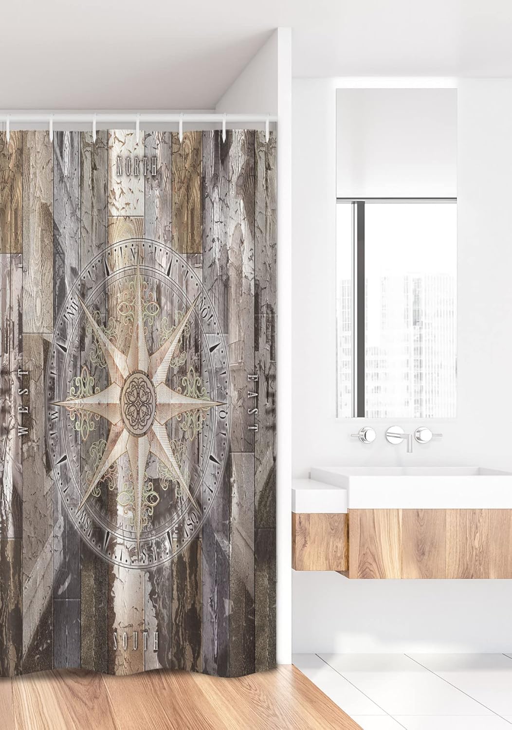 Ambesonne Marine Life Stall Shower Curtain, Navy Sea Life Yacht Theme Colored Wood Backdrop Rudder Like Compass Marine Image, Fabric Bathroom Decor Set with Hooks, 36" W x 72" L, Brown