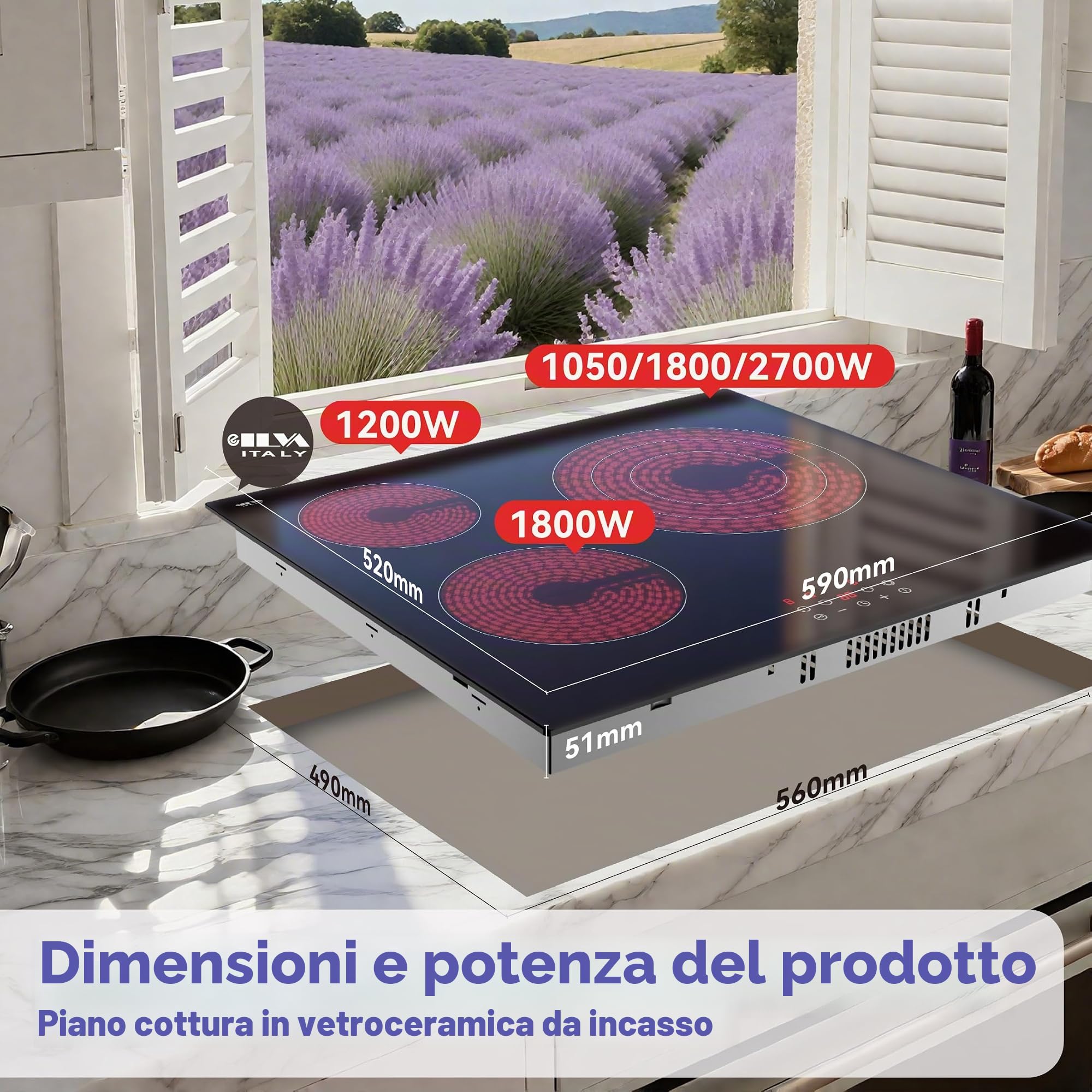 STARCHARTS Piano Cottura Vetroceramica 3 Fuochi 59 cm 5700 W 3 Anelli ILVA. | Incasso, blocco bimbi, 9 livelli, triplo anello, vetro ILVA, facile pulizia, calore residuo, spegnimento auto, 59 cm, 5700 W.