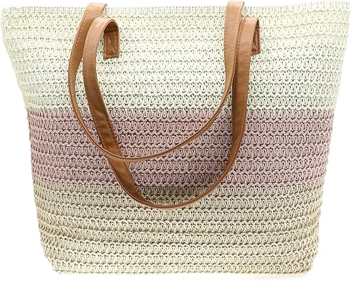 Miniatura 7 de Bolsa grande de paja para mujer bolsa de playa tejida de ratán bolsas de hombro de rayas de colores de verano Bolsa de Playa Verde Blanco Borgoña,