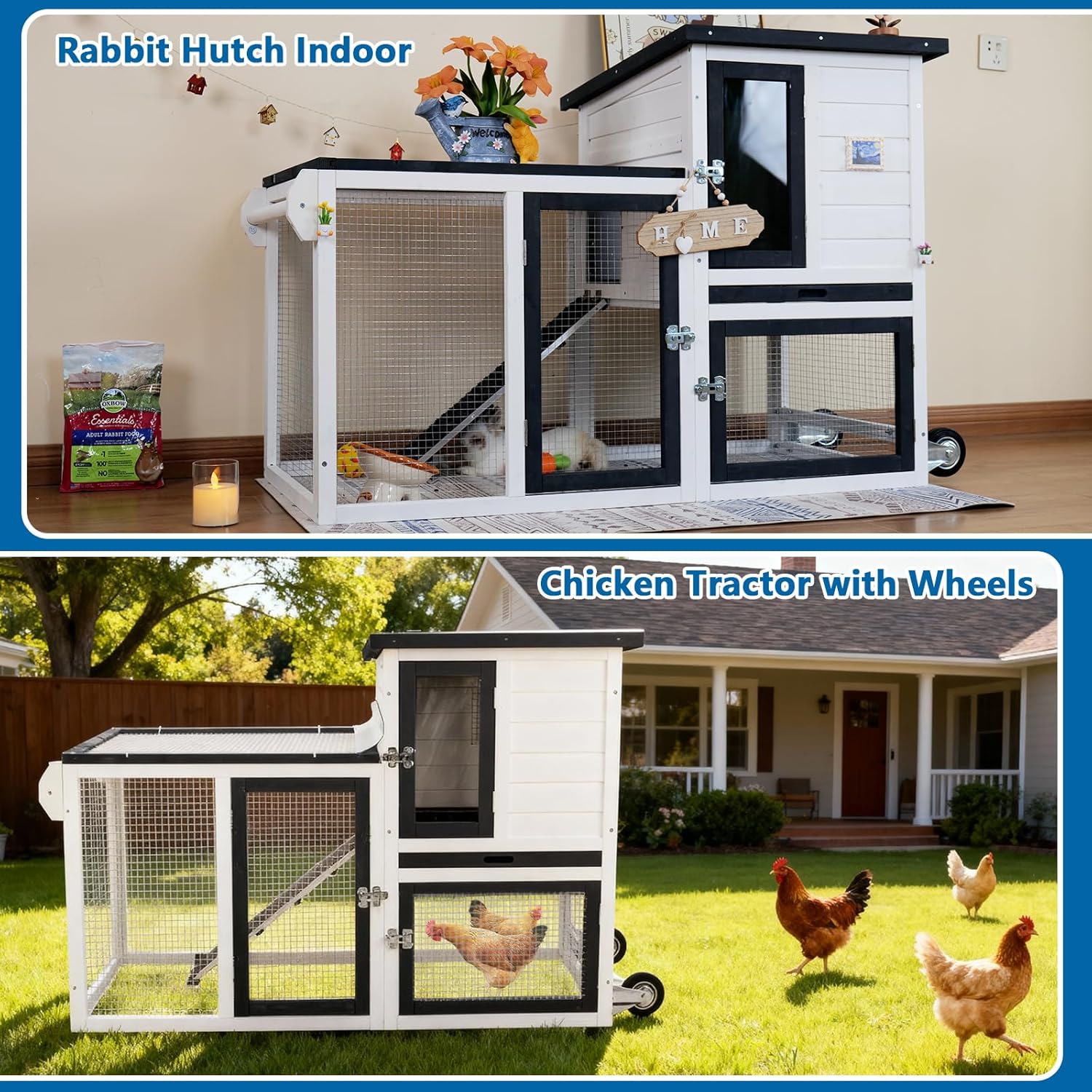 Rabbit Hutch Indoor Bunny Cage Outdoor Chicken Coop with Wire Floor Slide Out Tray, Chew-Resistant Ramp & Entrance Openable Waterproof Roof & UV-Resistant Roof Handle Wheels