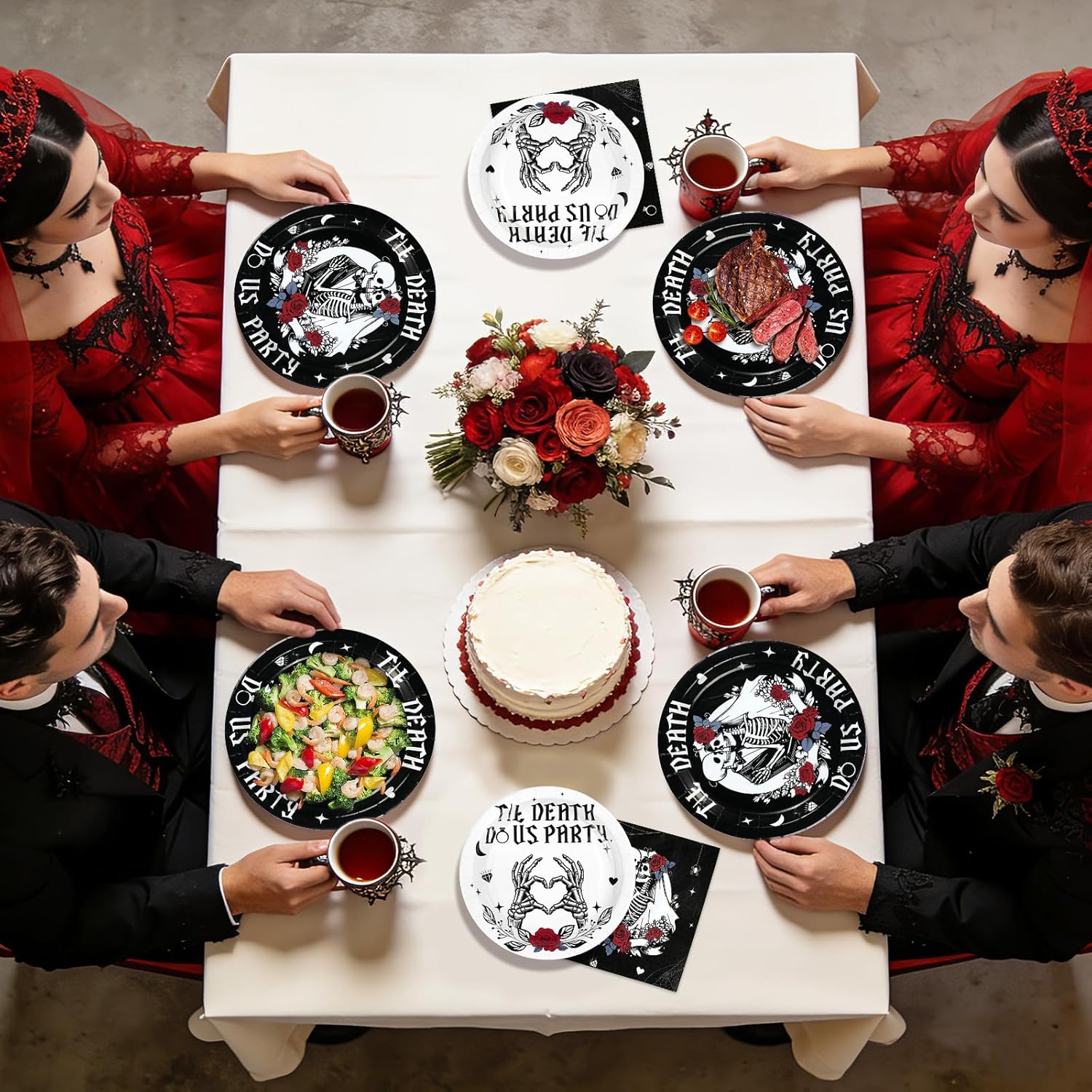 96Pcs Till Death Party Decorations Till Death Do Us Gothic Bachelorette Paper Plates and Napkins Bride or Die Decorations for Gothic Wedding Bachelorette Romantic Skeleton Party Supplies Serves 24