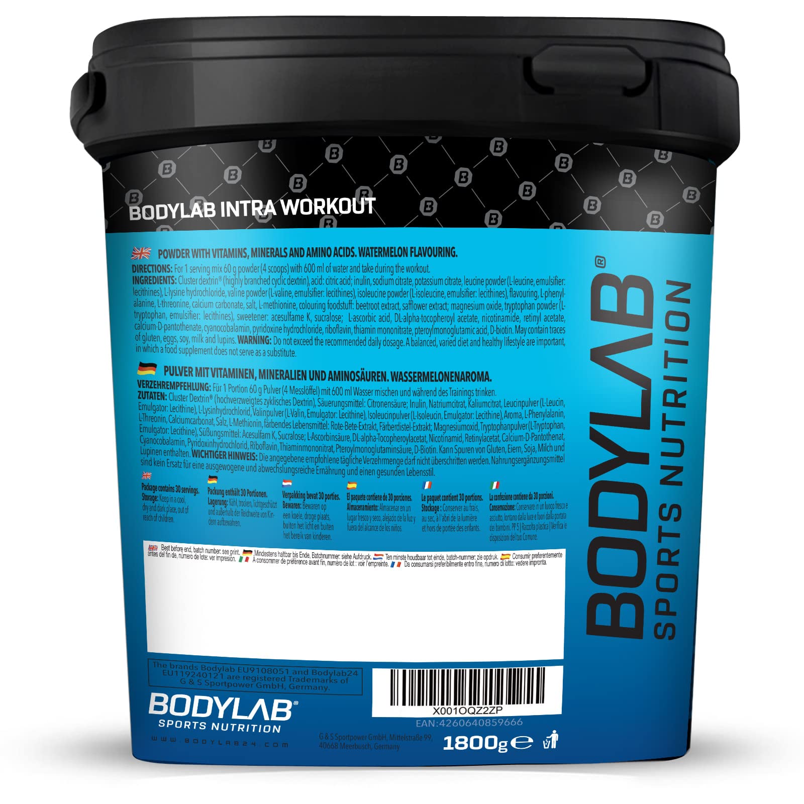 Bodylab24 Intra Workout 1,8 kg Wassermelone, mit EAA (inkl. BCAA) + Kalium, Calcium & Magnesium, B-Vitamine, Vitamin C, A und E, ideal während des Workouts