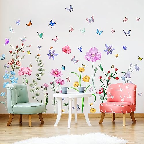 Calcomanías de pared de flores coloridas con mariposa y abeja, 58 piezas de calcomanías extraíbles de flores para pared, bricolaje para despegar y
