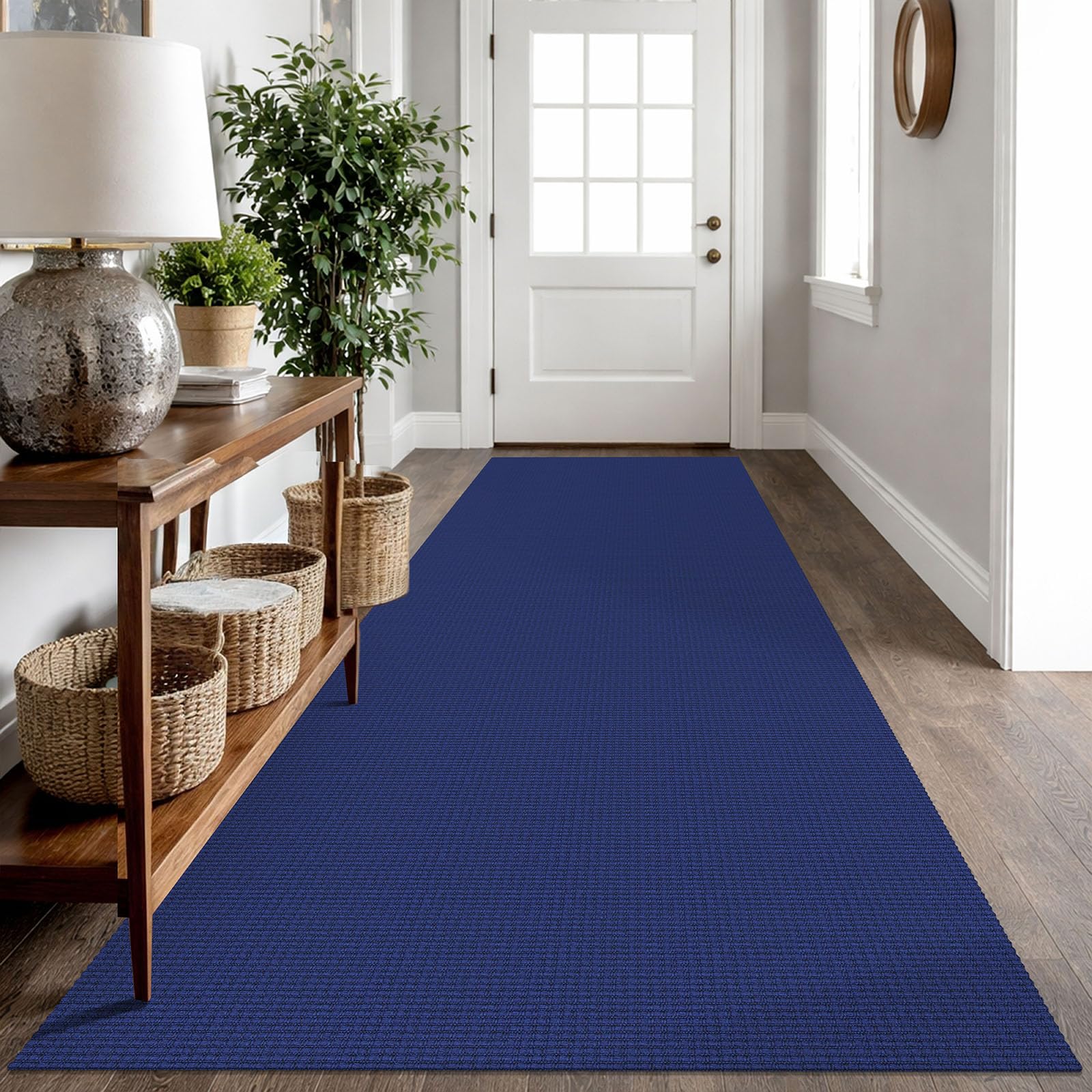 IOHOUZE Washable Runner Rug 3x10 Non Slip Rubber Backed Long Hallway Runner Entryway Runner Indoor, Kitchen Rugs Woven Cotton Floor Carpet for Hall Entrance, Royal Blue/Navy