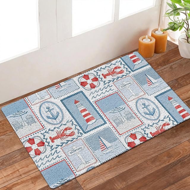 Nautical Coastal Door Mat Outdoor Indoor Entrance Entryway, Ocean Lobster Lighthouse Anchor Sailboat Beach Doormat Inside Outside, Coastal Welcome Mats for Front Door, 17x30 Inch
