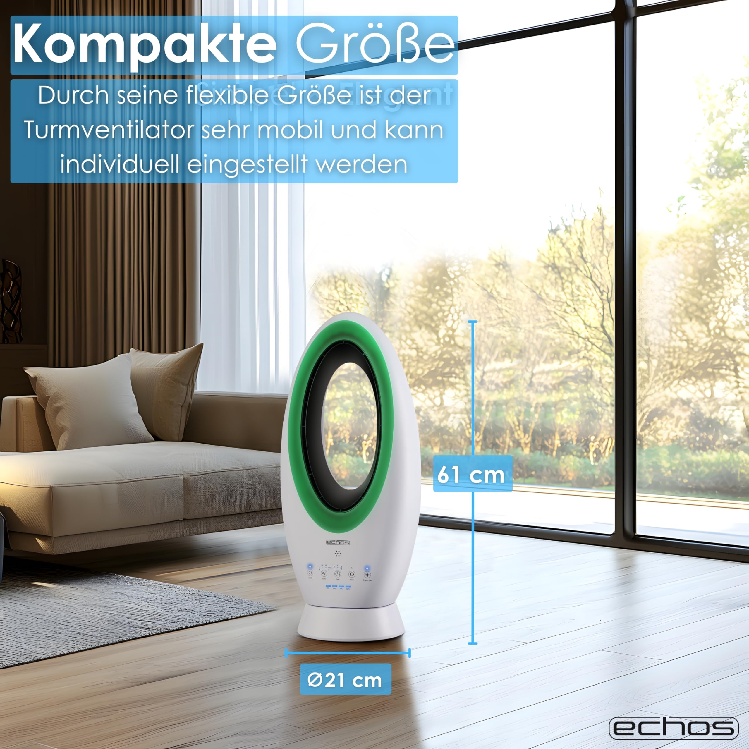 Echos®- 2-in-1 Design Akku Turmventilator Standventilator mit Fernbedienung kabellos - Akku- oder Strombetrieb - Leiser Ventilator Tischventilator oszillierend - Fernbedienung LED Beleuchtung