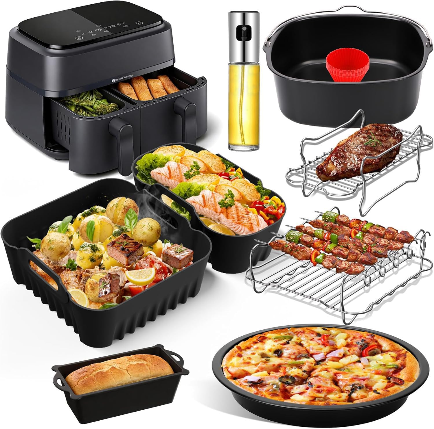 Airfryer Zubehör für Philips Airfryer Dual Basket 3000 Series 5000 Series, NA350/NA352/NA353, 9L, 2 Körbe, Silikonform Heißluftfritteuse Zubehör mit Grillrost, Brotbackform, Pizzablech, Ölspray usw