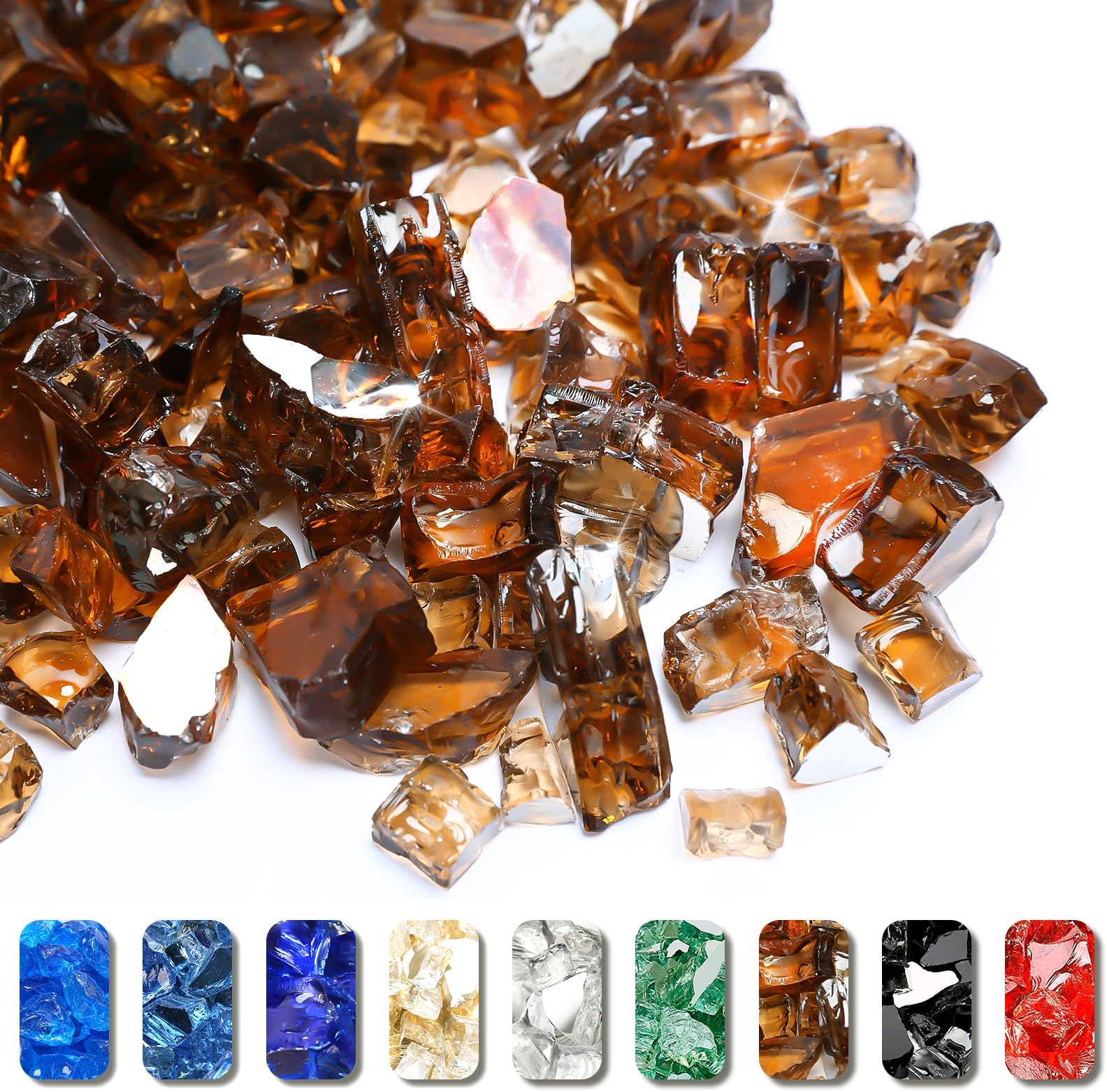 Grisun Copper Fire Glass for Fire Pit - 1/2 Inch High Luster Reflective Tempered Glass Rocks for Natural or Propane Fireplace, 10 Pounds Safe for Outdoors and Indoors Firepit Glass