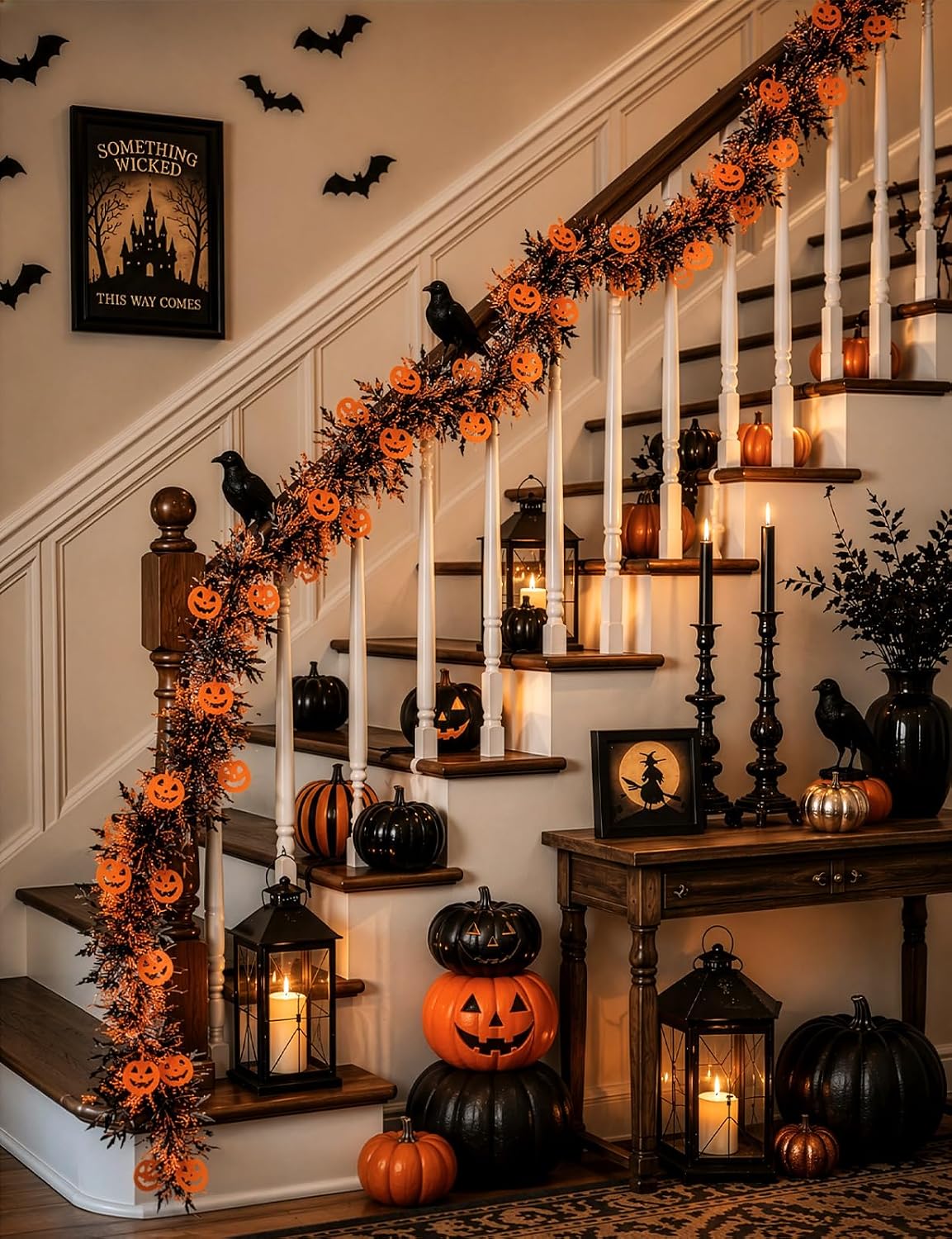 108IN Halloween Tinsel Garland with Orange Pumpkins – Shiny Metallic Twist Decoration for Indoor/Outdoor Home, Tree, Party, Wreath & Craft Use
