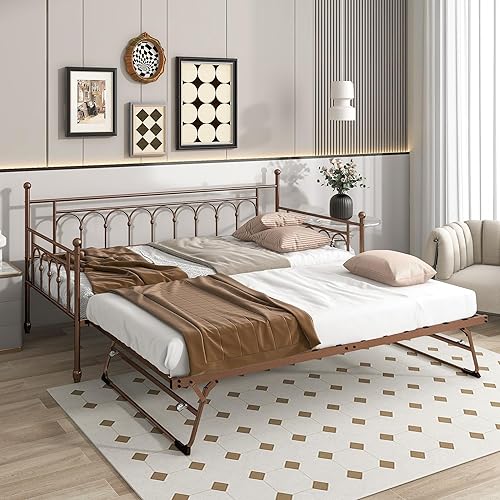 Miniatura 7 de Sofá cama individual con cama nido, cama de día con cama nido desplegable individual, marco de sofá cama de metal, soporte de listones de acero,