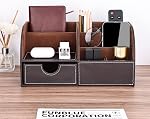 KINGFOM Pu Leather Desk Organizer Pen Pencil Holder Office Supplies Caddy Storage Box 6 Compartments with Drawer Brown (Half Pu)