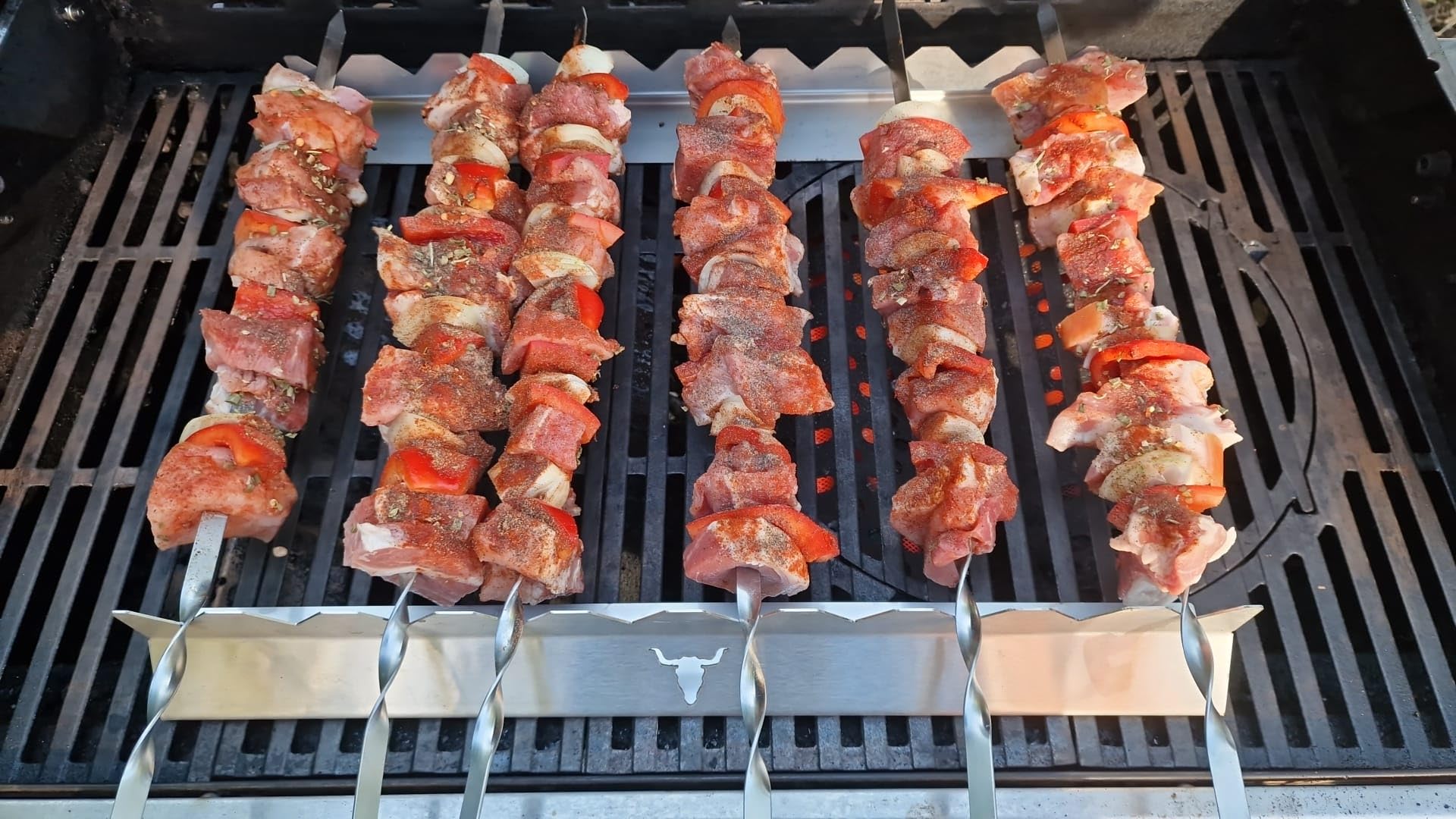 Barra spiedino/spiedino/accessorio per barbecue in acciaio inox (550 mm con 12 spiedini)