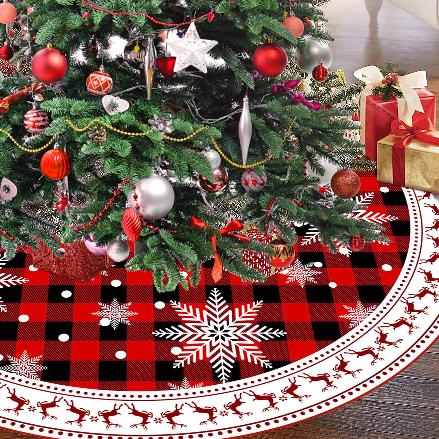 ARTXZDZ Christmas Tree Skirt 60 inch - White Snowflake Xmas Tree Ornaments - Soft Plush Red and Black Plaid Tree Skirt - Perfect Holiday Decor for Festive Celebrations