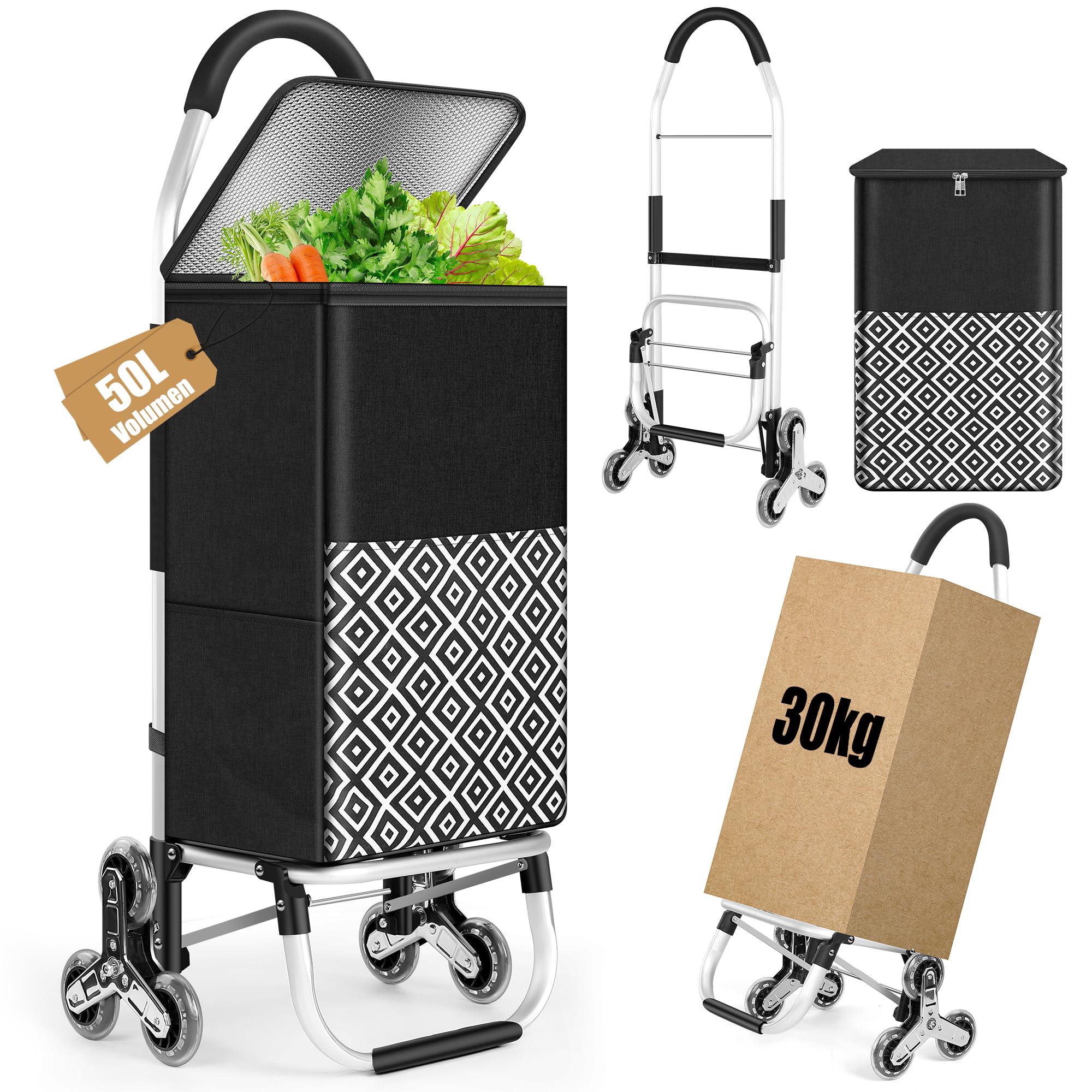 50Liter Einkaufstrolley Treppensteiger & Thermotasche Kühlfach, Shopping Trolley mit Treppenläufer, Moderner Einkaufswagen Faltbar, 6 Rädern Einkaufstasche, Einkaufskorb mit Rollen, Aluminium, Schwarz