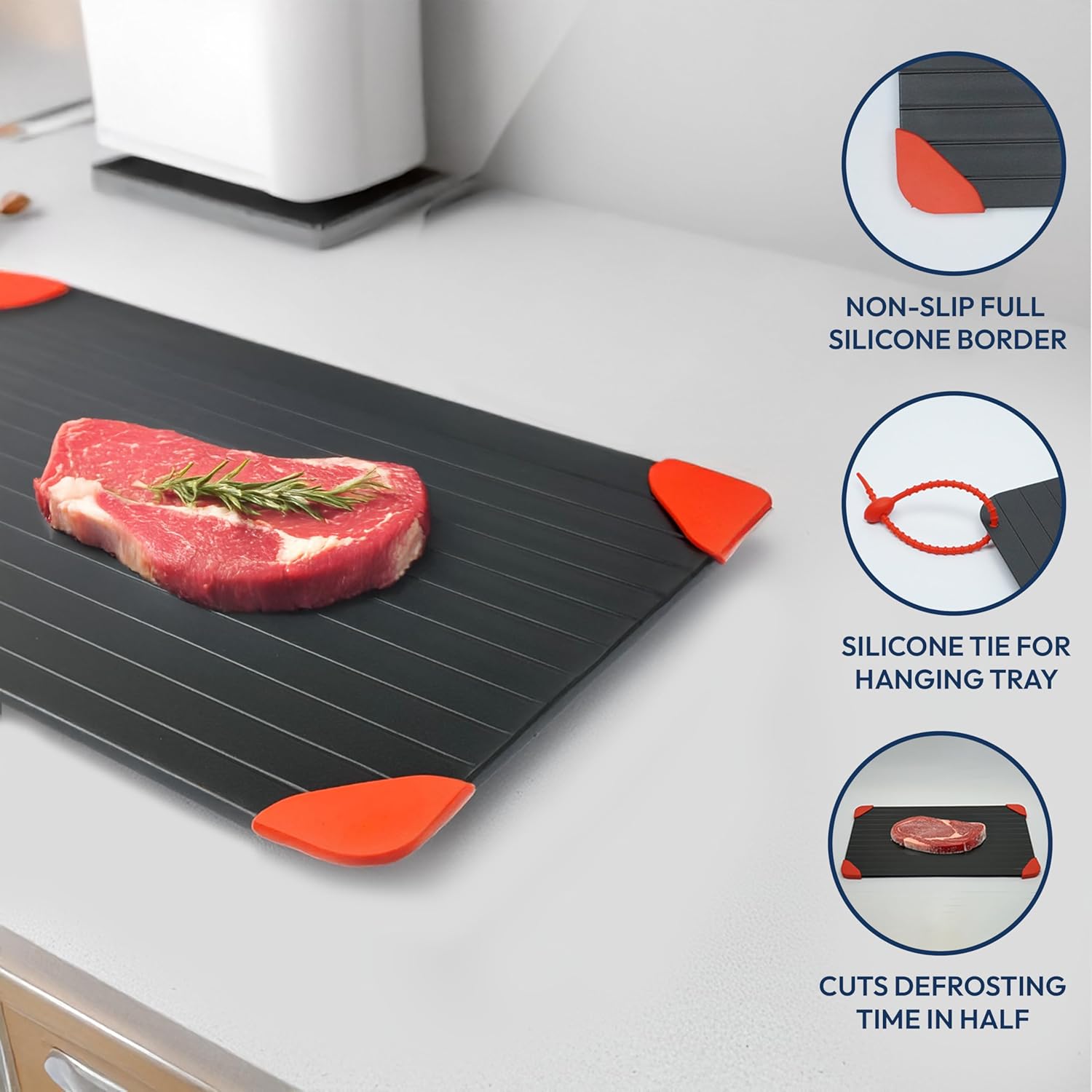 Eloa360 Defrosting Tray, Rapid Thawing Tray for Frozen Meat, thaw Plate, Defroster Board Aluminium Plate with Silicone Cleaner, Hanging Tie, Stainless Steel, Tongs and Oil Brush 33.5x22.5