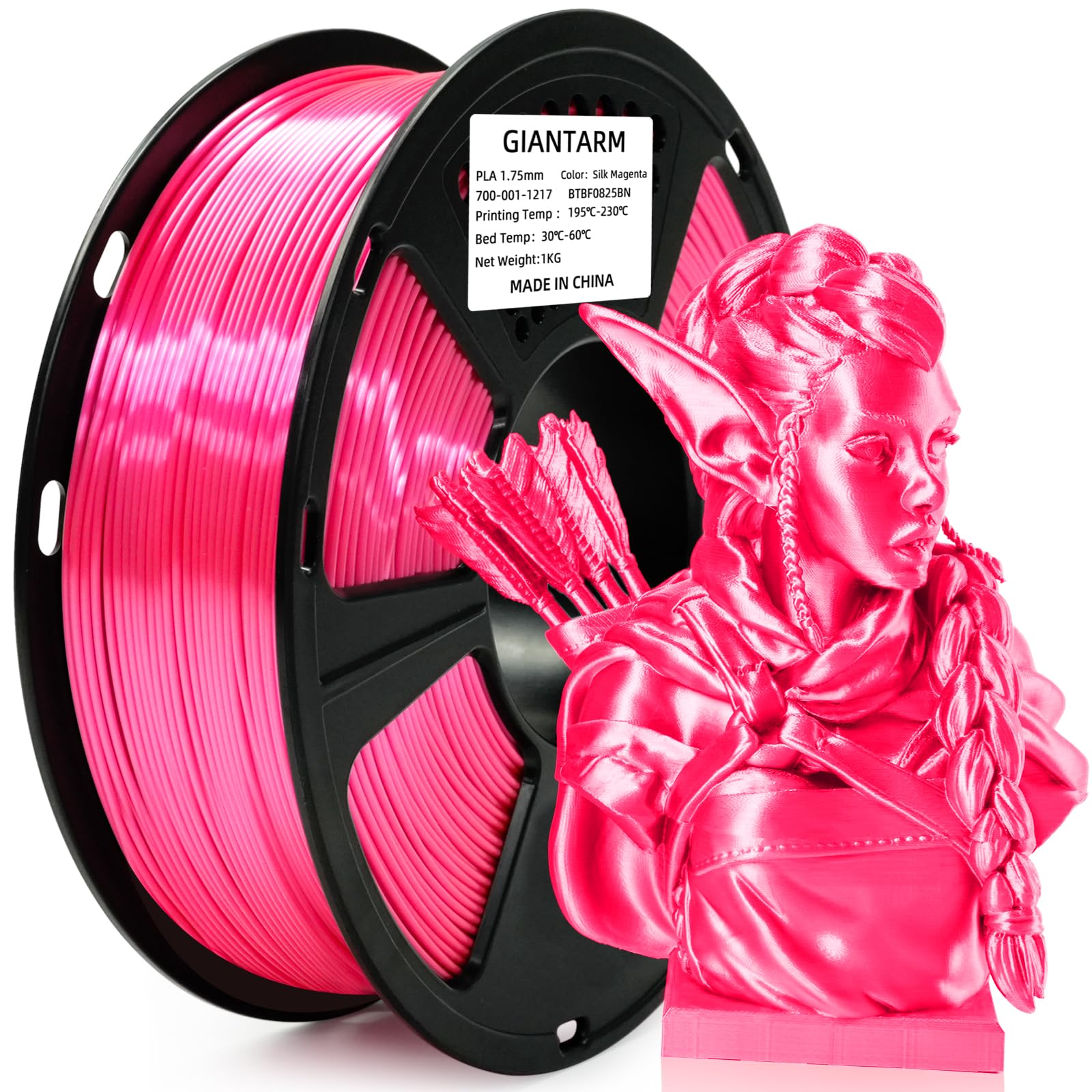 GIANTARM 3D Printer PLA Filament, Shiny Silk Rose Pink Magenta Toughness Enhanced Filament with 1.75mm Dimensional Accuracy +/-0.03mm, 1080 Feet per Roll, Vacuum Packaging, for Most 3D FDM Printer