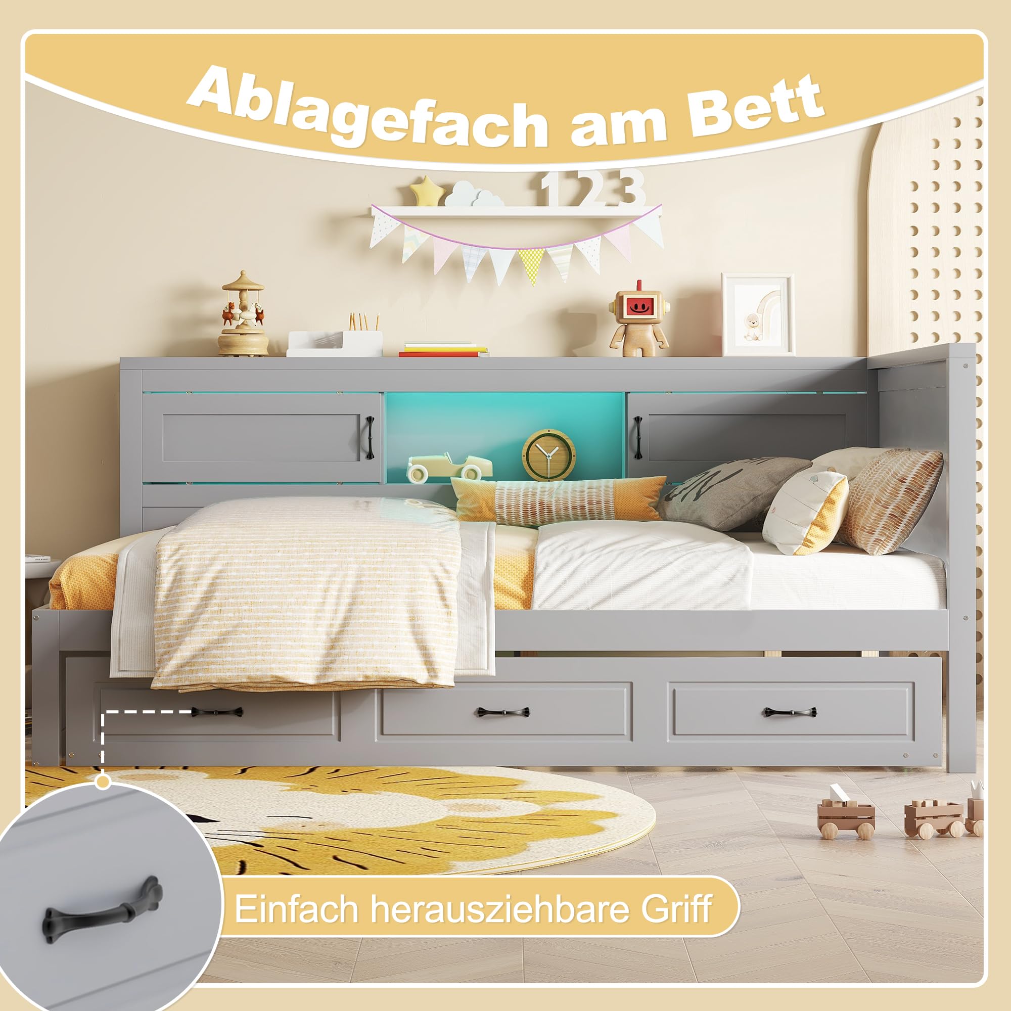 Azkoeesy Letto funzionale, divano letto con letto estraibile, armadio e ante scorrevoli, presa USB, illuminazione a LED, senza materasso (grigio, 90 x 190/200 cm)