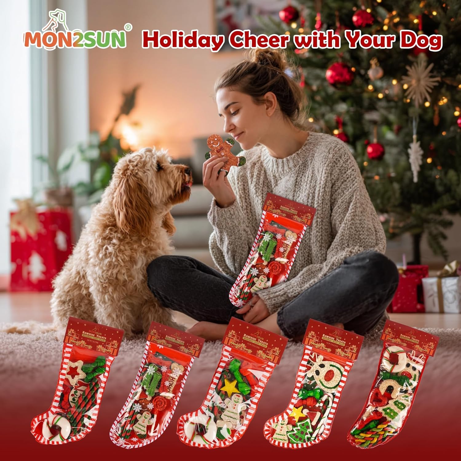 MON2SUN Holiday Christmas Dog Rawhide Treats Stocking for Small to Medium Dogs (13 Count) (Pack of 2)