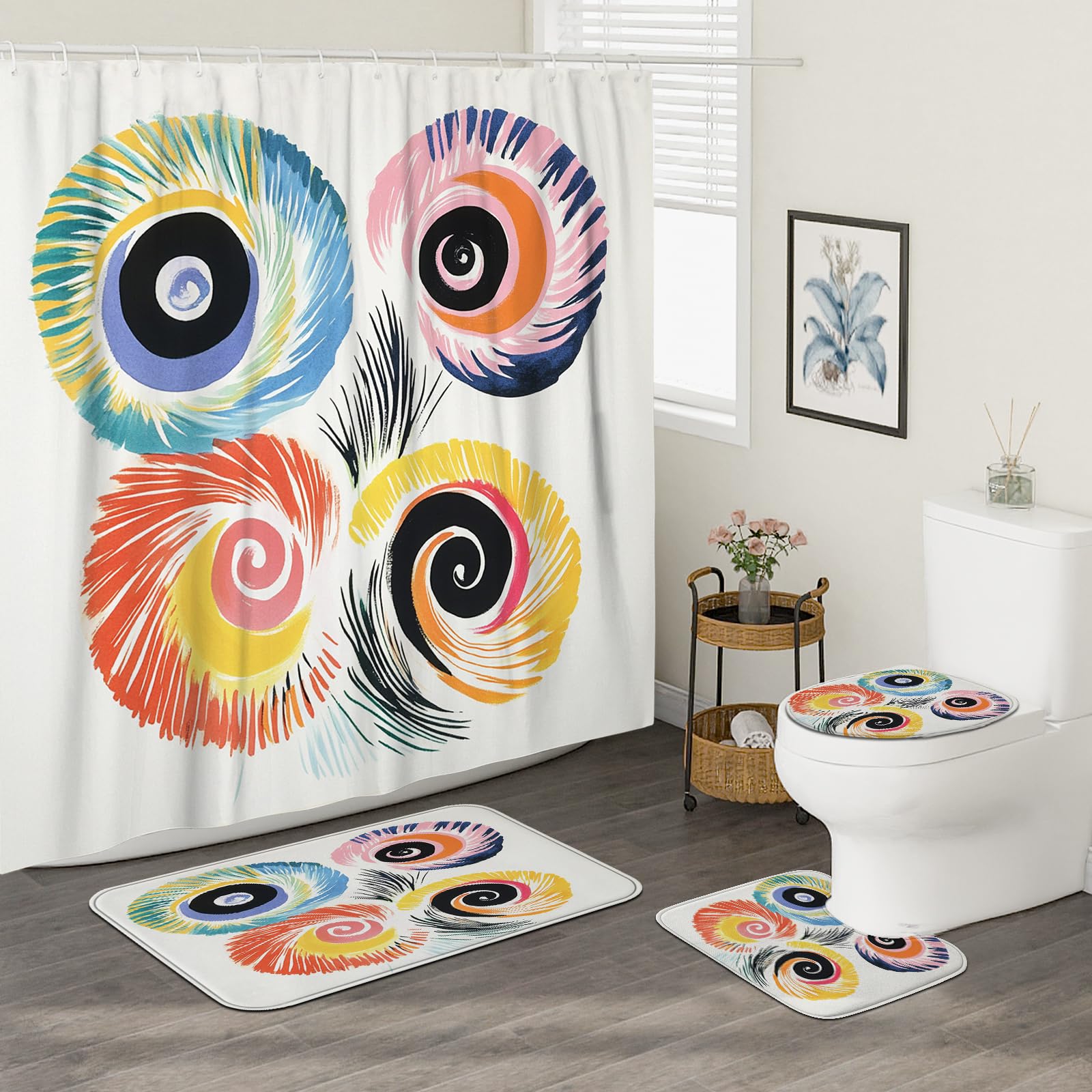 DESIHOM 4PCS Cartoon Coastal Nautilus Shower Curtain Sets with Non-Slip Rug, U Shape and Toilet Lid Cover Mat, Funny Seashell Kid Home Decor, Bathroom Accessory with 12 Hooks