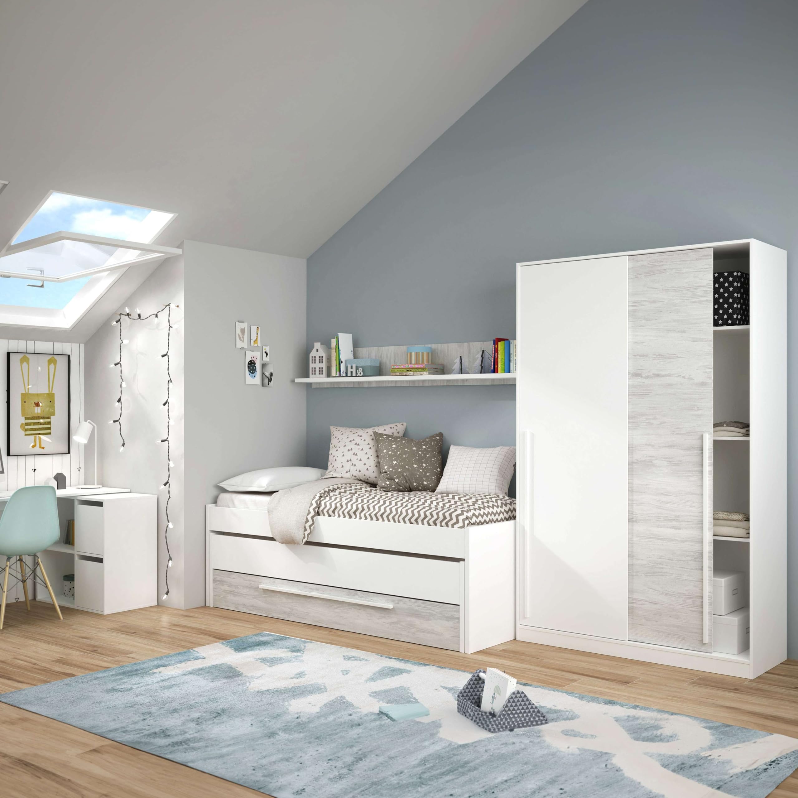 Dmora - Letto per bambini Sunnyvale, Struttura letto per cameretta, Letto singolo con lettino estraibile, cassettone e mensola, 199x96h65 cm, Bianco