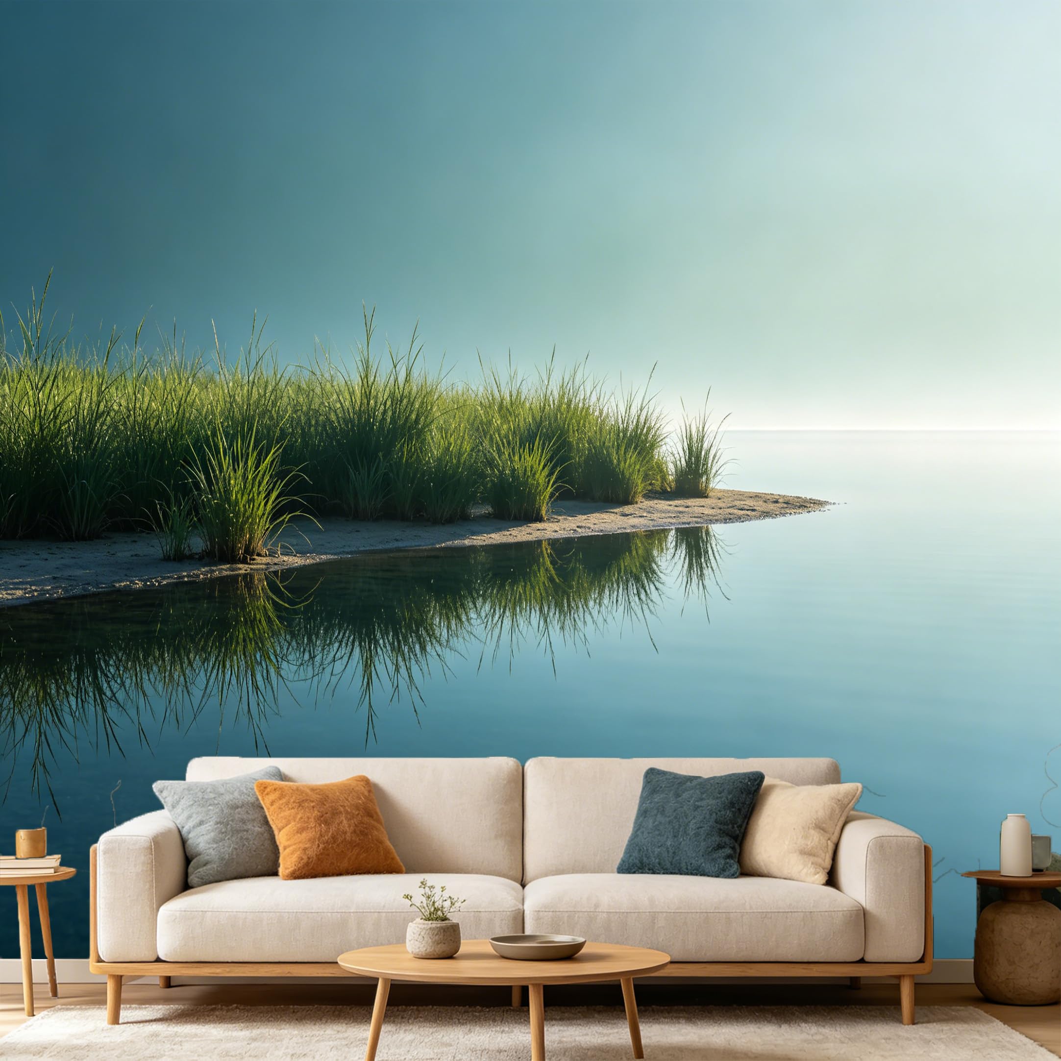 Custom Size Wall Mural Coastal Lake Shoreline Calm Water Reflection Minimalist Nature Landscape SelfAdhesive Art Prints wall Fabric (No PVC) Removable Wallpaper Home Bedroom Decor