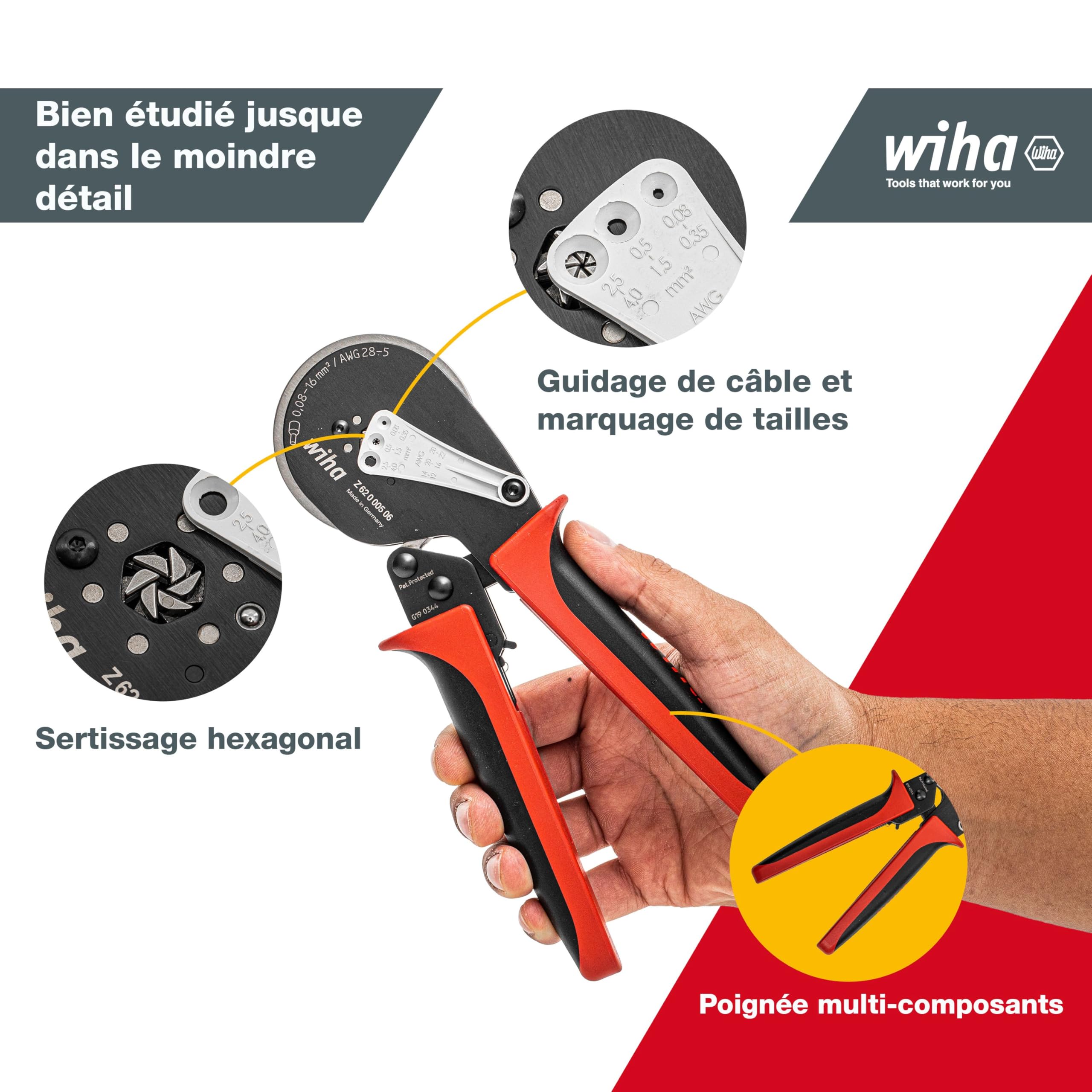 Wiha Pince à sertir professionnelle avec ajustement automatique pour embout de câble 0,08 à 16 mm² (41246) Sertissage de cosse six pans électricien | (41246) Crimping pliers I crimping tool I hexagonal crimping I ferrule pliers for electricians I electric