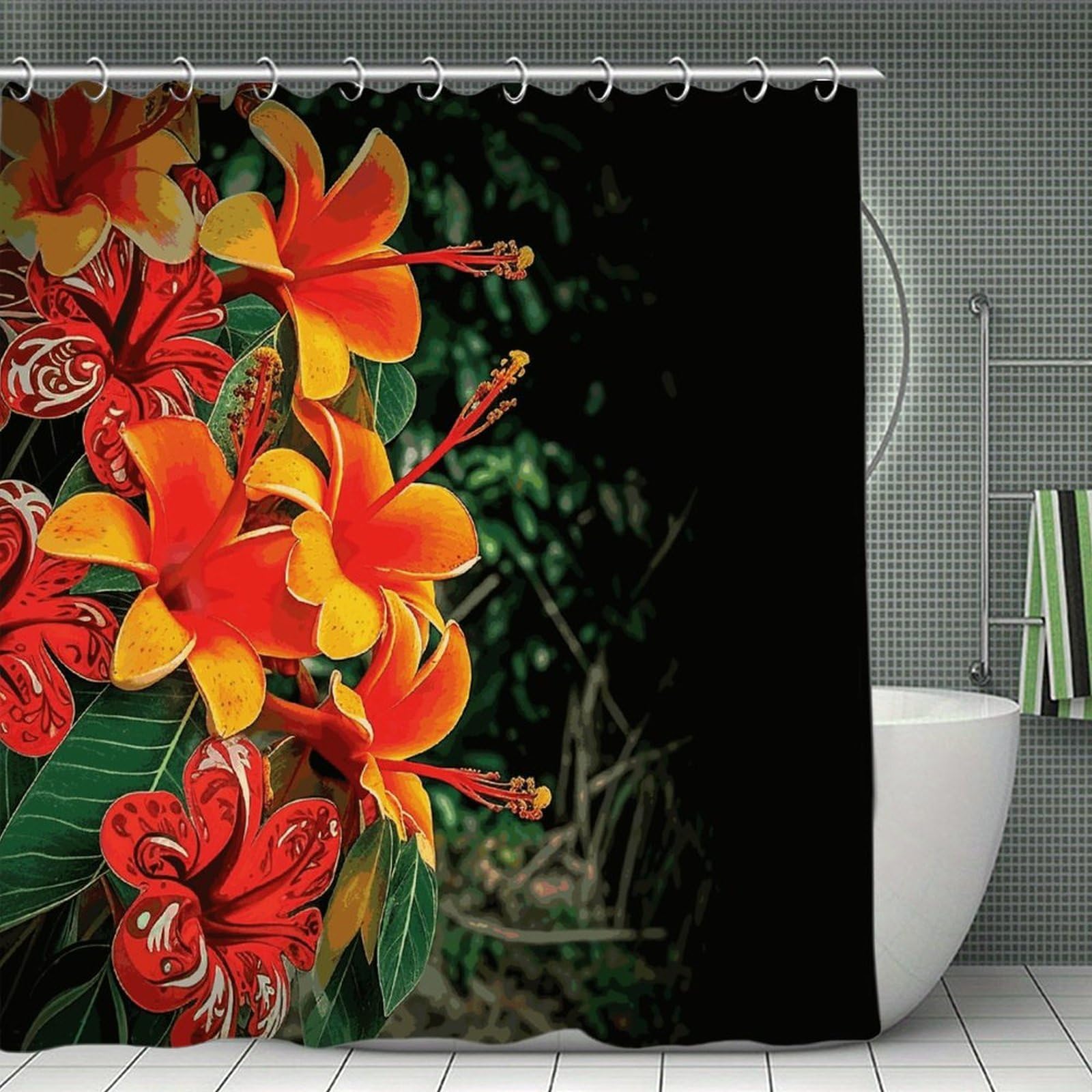 FekiLoot Hawaii Flowers Shower Curtain with Hooks Modern Farmhouse Bathroom Curtain Waterproof Cloth Bath Curtains Cute Washable Blackout Privacy Curtains for Bathroom Bathtub 70.8"x70.8"