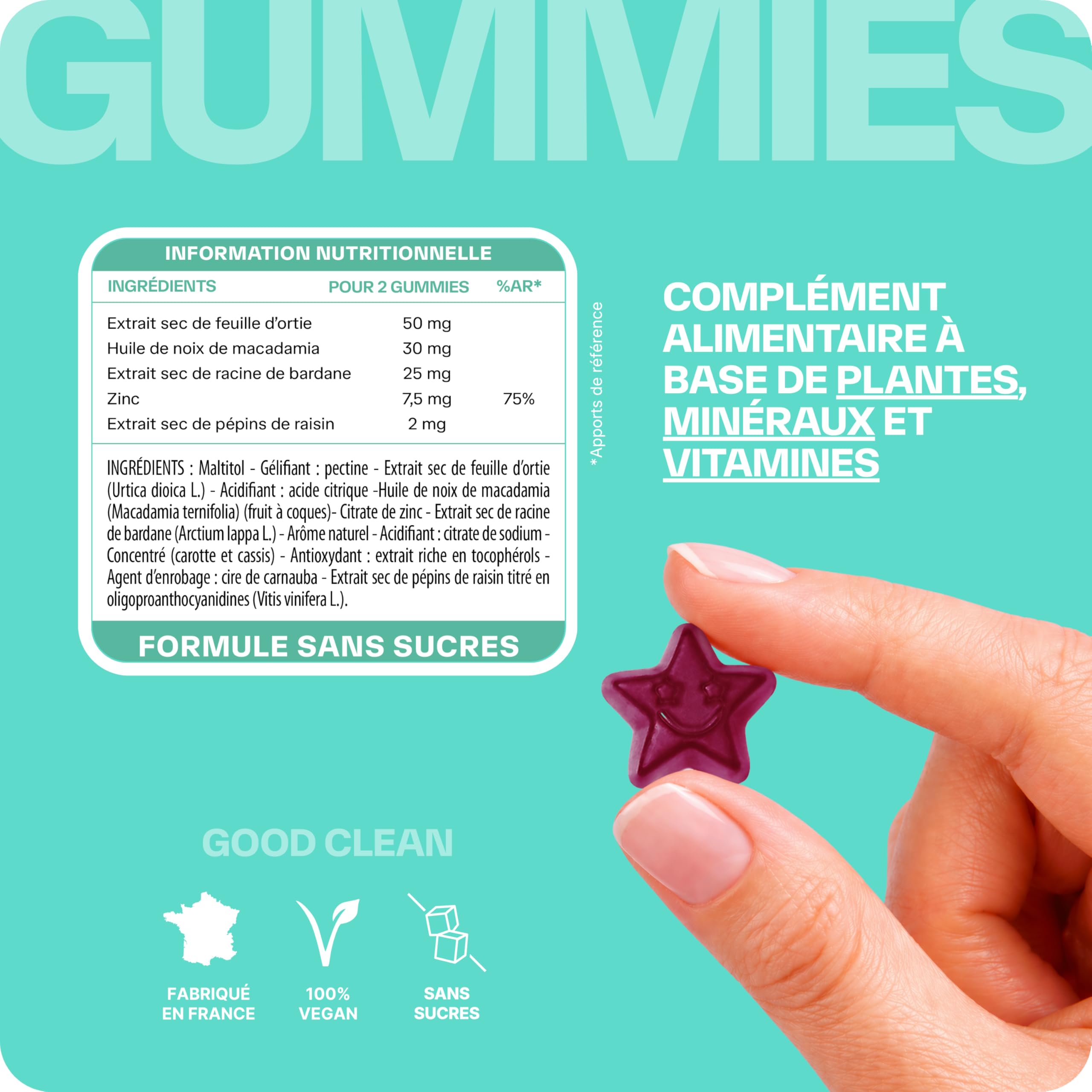 Lashilé Beauty - Gummies Peau - Peau Nette & Anti-Imperfections - Régule le Sébum & Purifie - Good Clean Vitamines - Complément Alimentaire Anti-Acné -Bardane Ortie Zinc - Cure 1 Mois 60 Gummies
