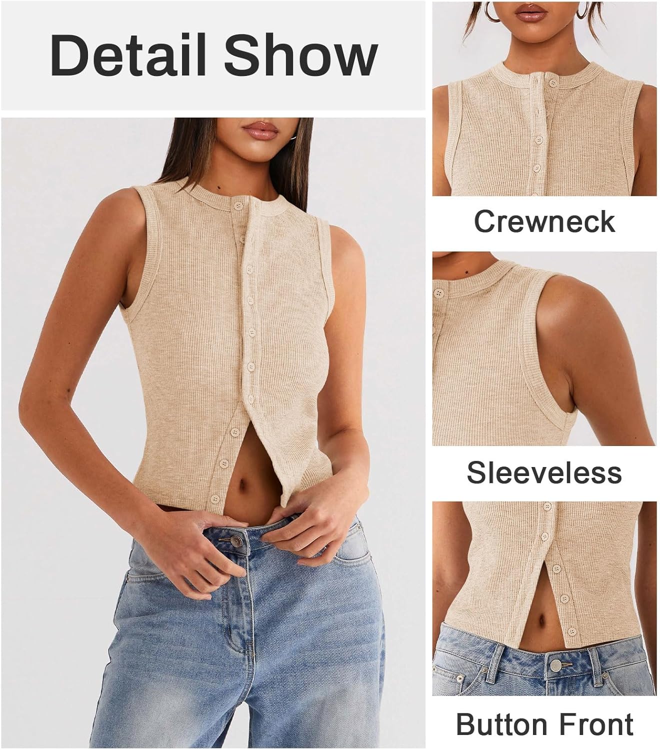 Womens Button Down Tank Top Sleeveless Ribbed Fitted Vest Casual Crewneck Trendy Y2K Going Out Crop Knit Vest Top - Image 4