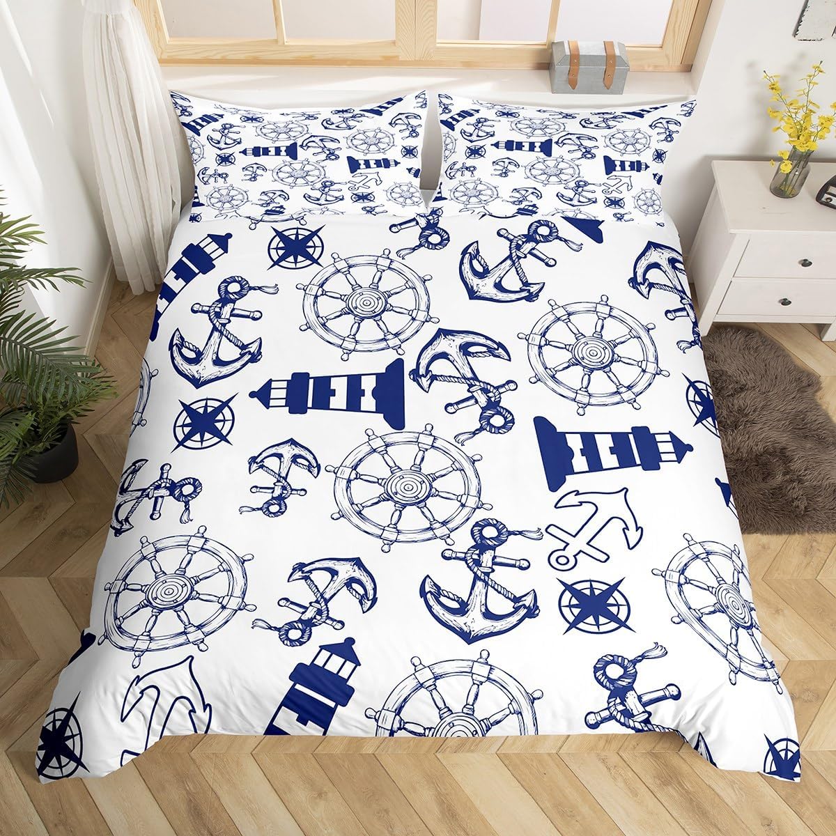 jejeloiu Kids Nautical Bedding Set Toddler Size, Anchor Duvet Cover Boys Girls Lighthouse Comforter Cover for Compass Teens Bedroom Decor Zipper (No Comforter)