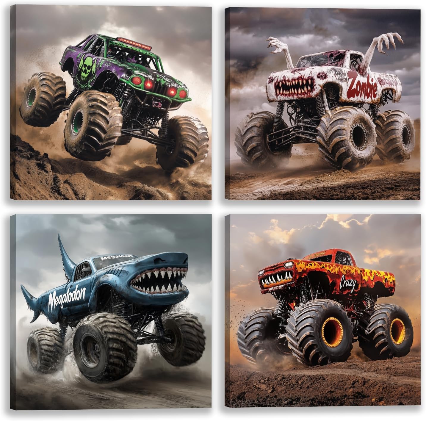 CAZLOUC Monster Truck Wall Decor Set of 4, Boys Room Canvas Wall Art, Funny Kids Racing Car Aesthetic Pictures, Modern Trucks Adventure Poster Prints for Bedroom Playroom 12x12 Inch