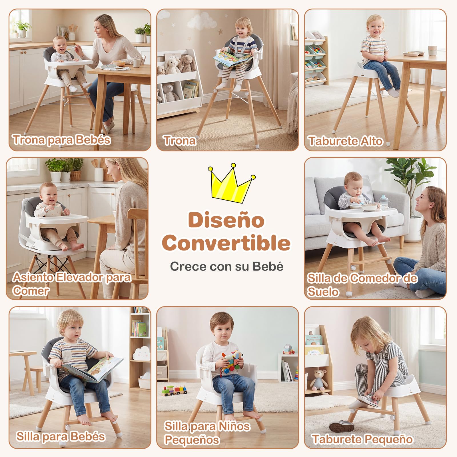 COSTWAY Trona Convertible para Bebés, Silla Alta de Alimentación Evolutiva con Bandeja y Cojín Desmontables, Arnés de 5 Puntos y Patas de Madera, Taburete Portátil Infantil para 6-36 Meses