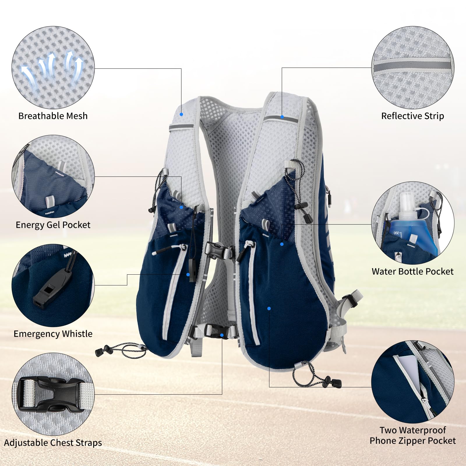 Expansea Zaino da Corsa 7L, Super Leggero Zaino Uomo & Donna, Tasche Multiple, Running Vest With Borraccia Morbida 500ml per Ciclismo, Maratona,Corsa, Arrampicata e Altri Sport All'Aria Aperta