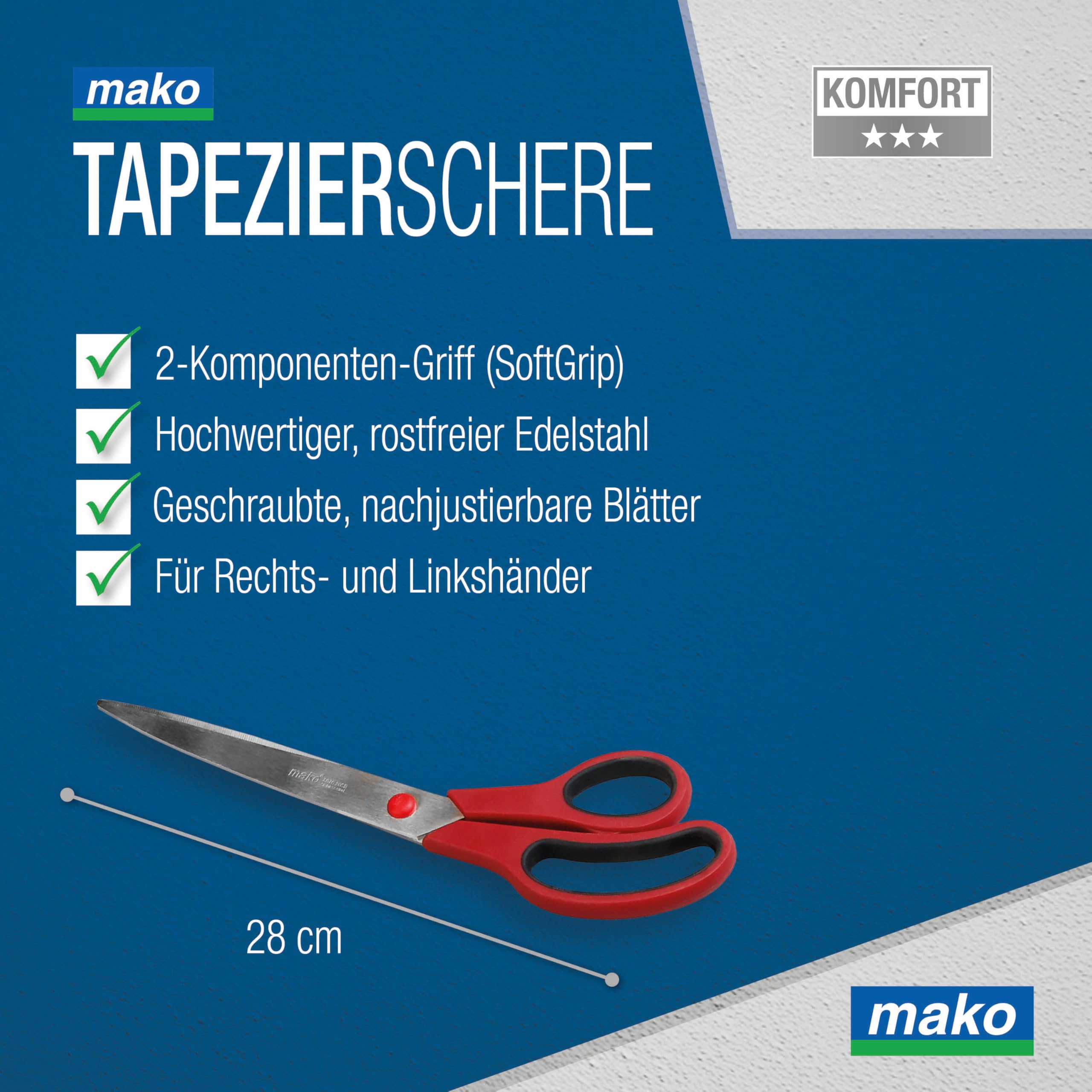 mako PROFI Tapezierset 6-teilig – Präzises Tapezierwerkzeug für saubere Schnitte, perfekte Nahtbearbeitung – Tapezierschere, Spachtel, Bürste, Abreißlineal, Nahtroller und Kleister-Rührholz