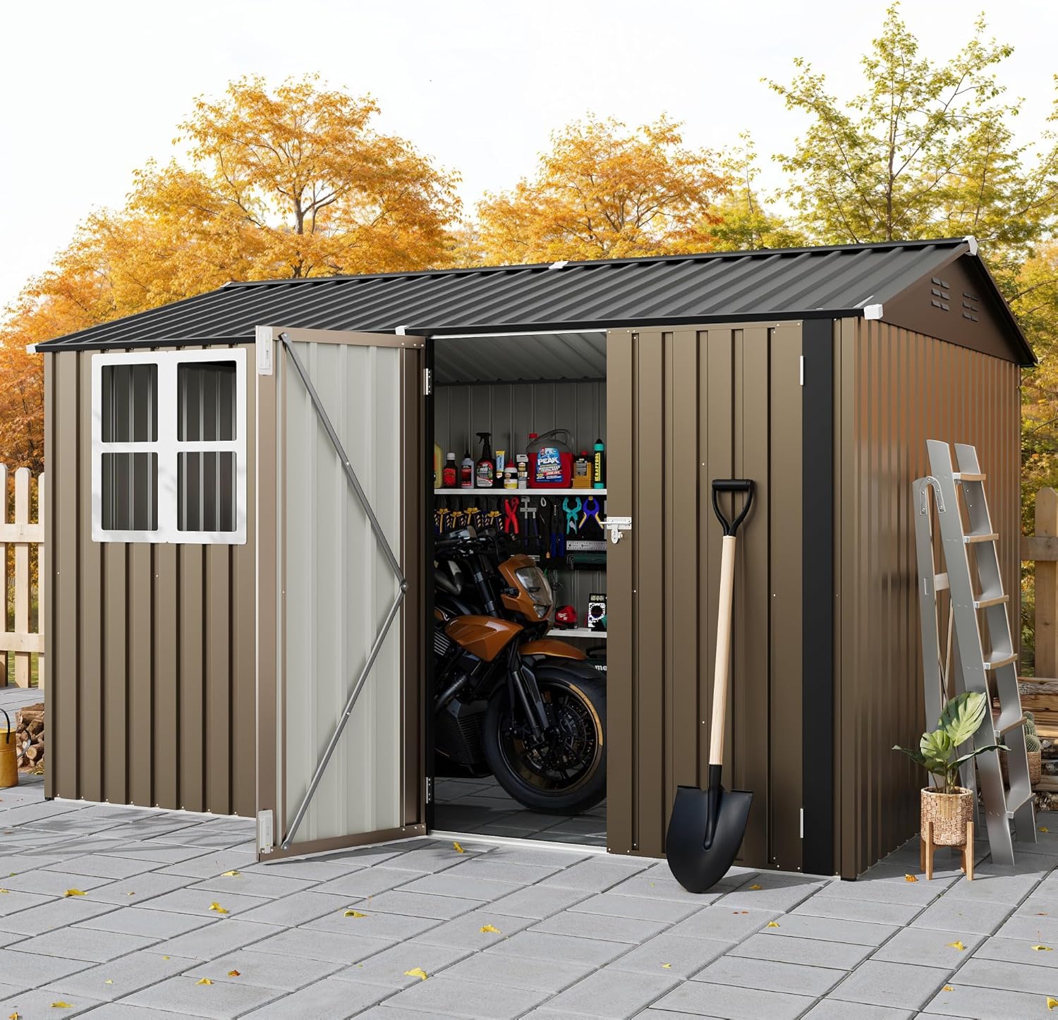 10x8 FT Outdoor Storage Shed, 450 Cu Ft Weather Resistant Garden Shed with Gable Roof  Grid Window, Multi-Use Shed for Bikes, Lawn Mowers, Patio Supplies  Pet Shelter