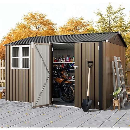 10x8 FT Outdoor Storage Shed, 450 Cu Ft Weather Resistant Garden Shed with Gable Roof & Grid Window, Multi-Use Shed for Bikes, Lawn Mowers, Patio Supplies & Pet Shelter