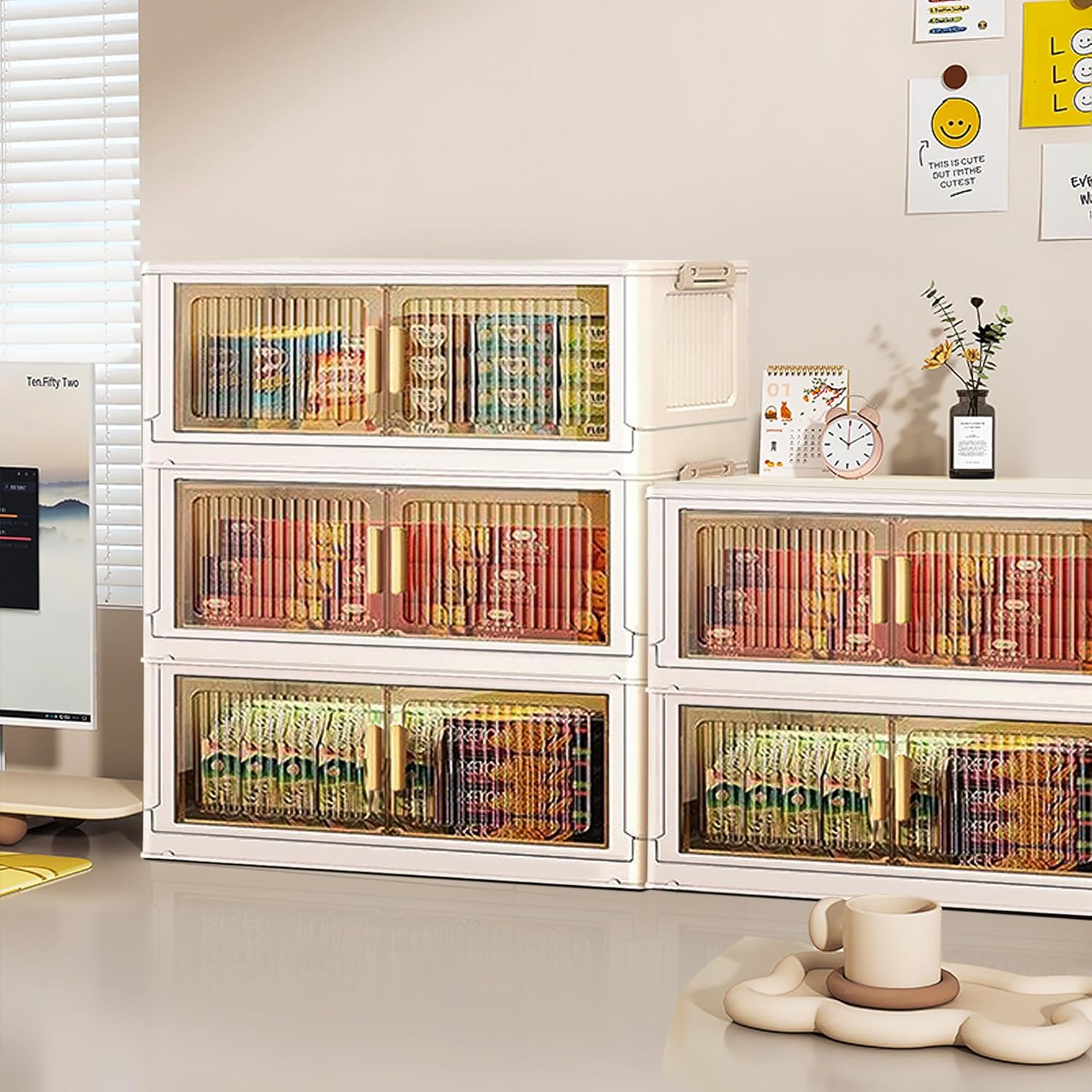 15 Gallons Foldable Rolling Storage Cart with Doors & Clear Windows, Stackable Plastic Bins for Clothes Organization (Clear - 3 Tier Star, 14.7" D x 9.2" W x 25.9" H)