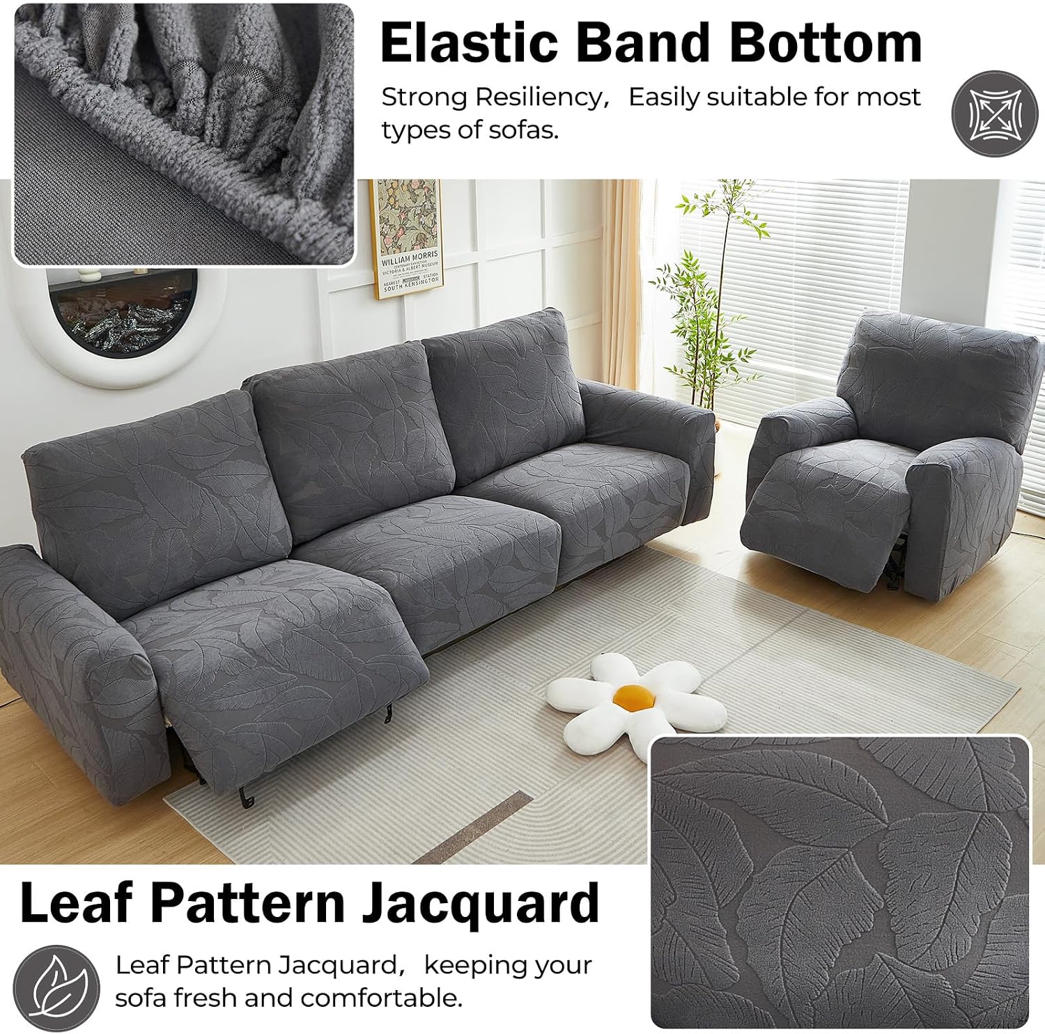 vctops 8 Pieces Recliner Couch Covers for Dogs Washable, Soft Fuzzy Anti Slip Stretch Lazy Boy Reclining Sofa Slipcovers Furniture Protector Cover for Pet,Kids (Dark Grey,3 Seater)