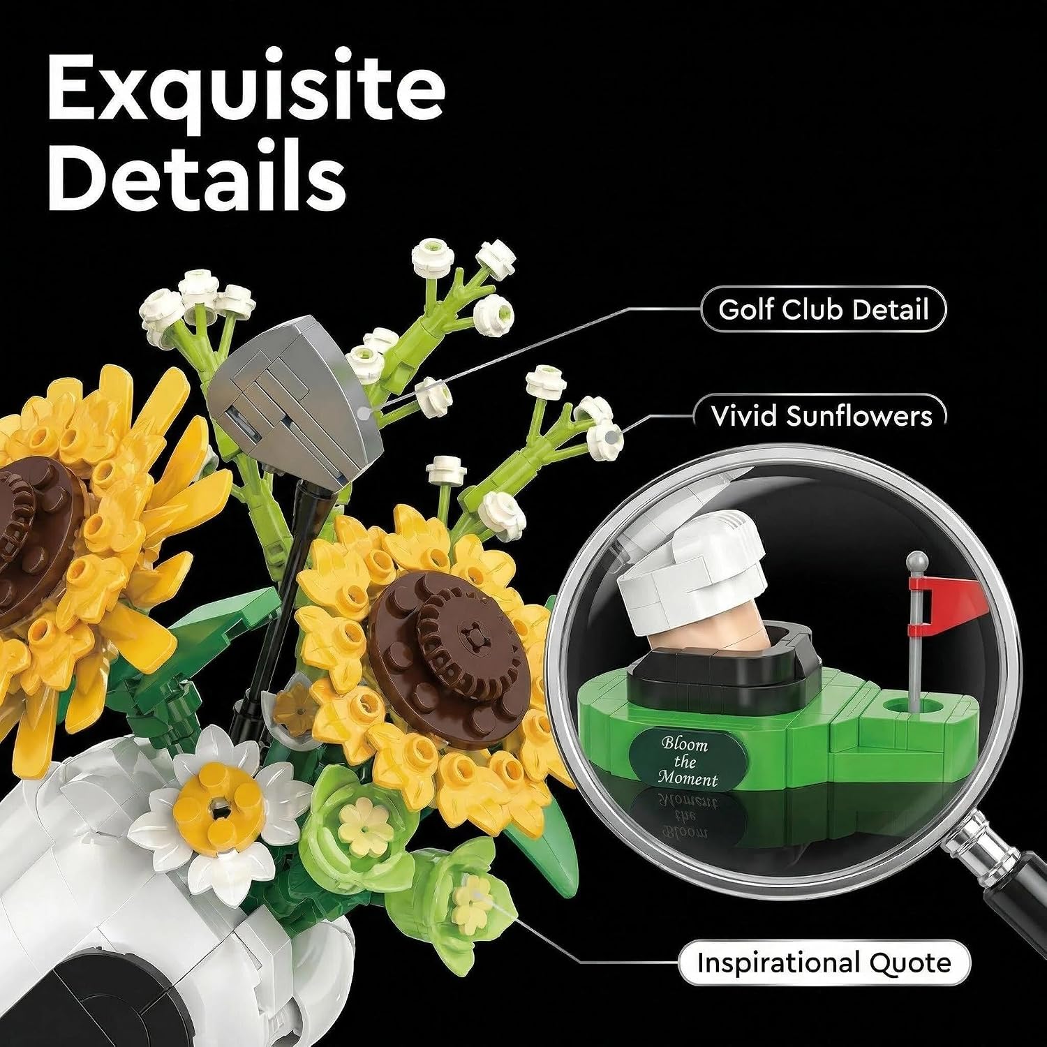 Golf Sunflower Bouquet Building Set with Putting Green Base Compatible with Lego Flower – Creative Golf-Inspired Model, Unique Desk&Home Decor Gift for Men, Golf Lovers, Dad, Husband (445 PCS)