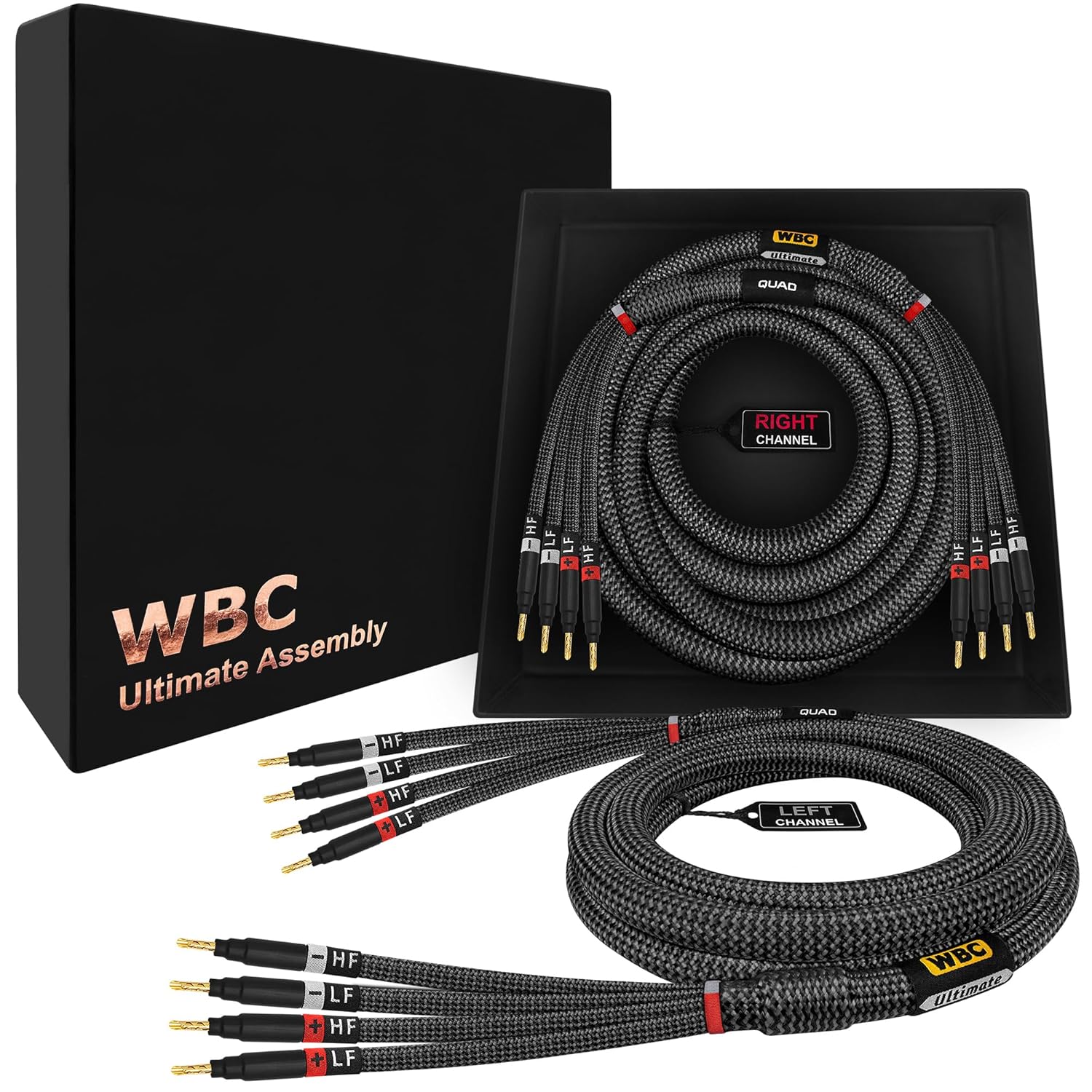 WORLDS BEST CABLES 12 Foot Ultimate - 12 AWG - Ultra-Pure OFC - Premium Audiophile HiFi Bi-Amp Speaker Cable Pair with Eminence Gold Banana Plugs & Carbon Tweed Jacket