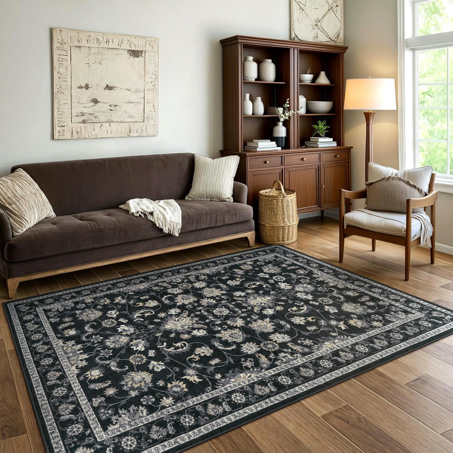 Lukinbox Khaki Area Rugs 8x10, Large Floral Washable Boho Rugs for Living Room, Vintage Non-Slip Accent Rug for Bedroom, Stain Resistant Low-Pile Floor Carpet for Dinning Room Home Office Department