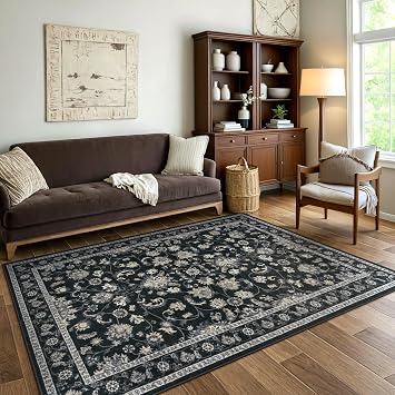 Lukinbox Black 5x7 Floral Area Rugs, Non-Slip Washable Boho Rugs for Living Room, Stain Resistant Low-Pile Accent Rug Vintage Floor Carpet for Bedroom Dining Room Office